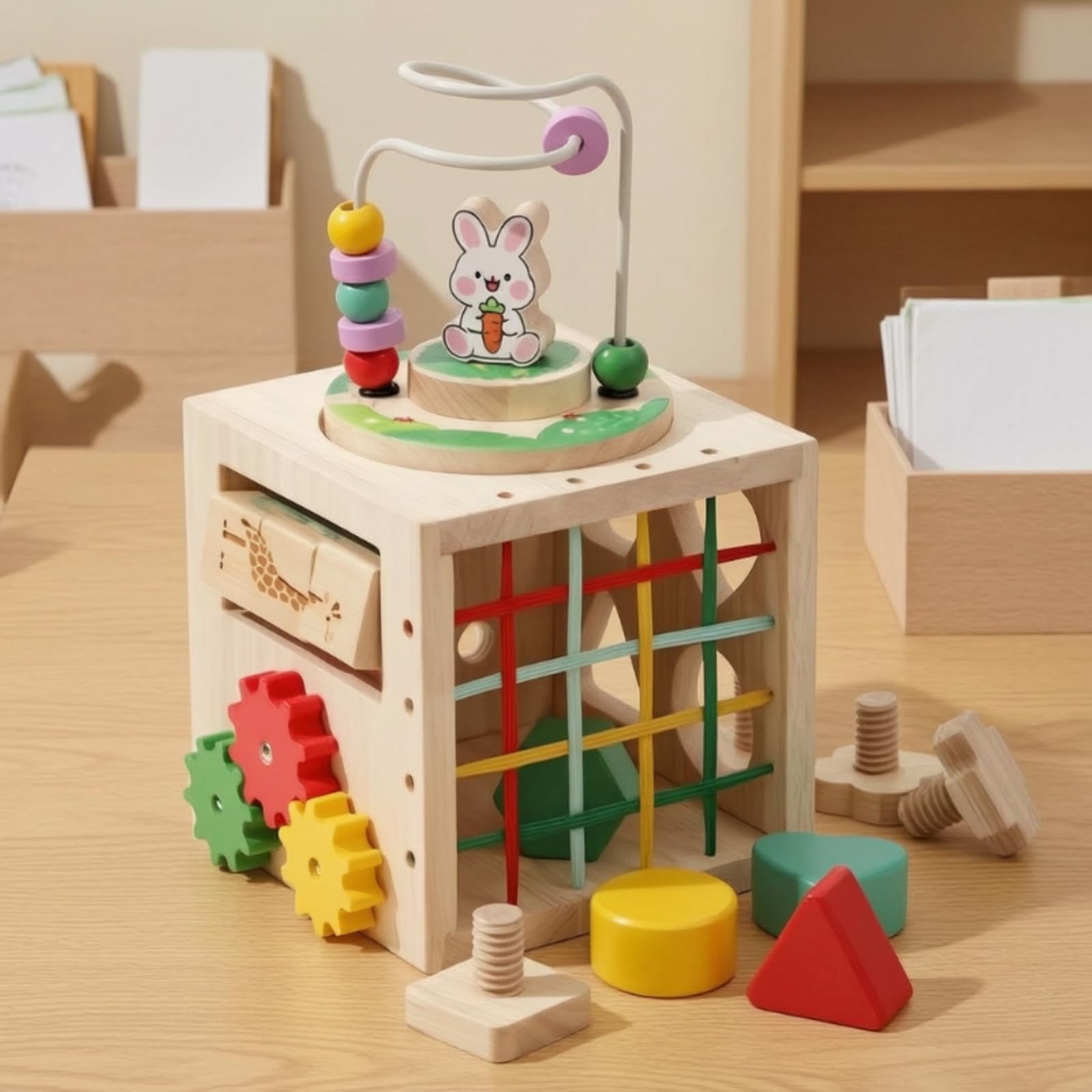 Lernspielzeug Holz Aktivitätswürfel Kinder Spielwürfel Motorikwürfel Perlenlabyrinth mit Stecktafeln Und Drehfunktionen Sichere Große Elemente für Vorschule Kinderzimmer Geschenk