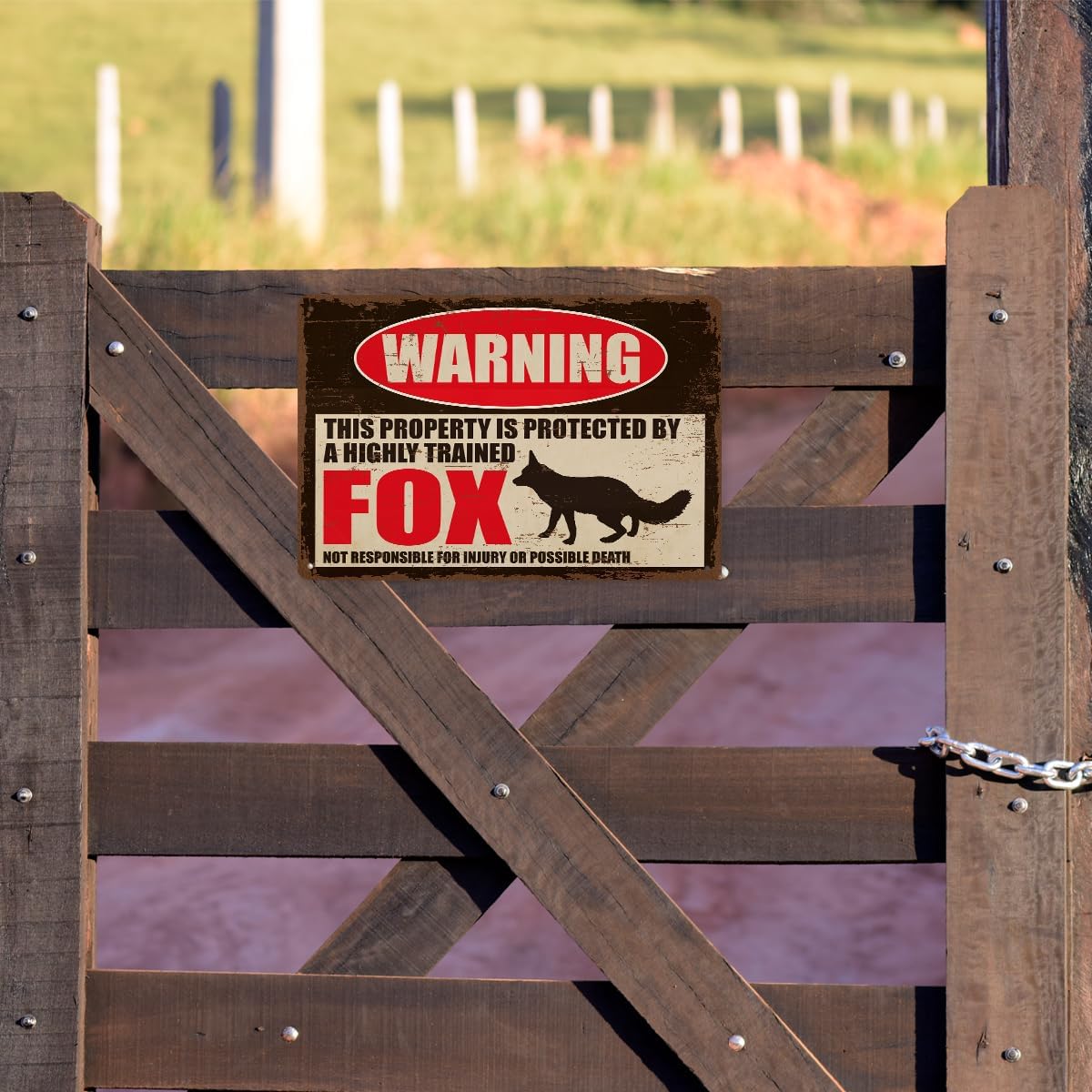 Funny Metal Sign Fox Warning Wall Decor, Vintage Tin Plaque Rustic Farmhouse Fence Accent, Novelty Animal Patio Backyard Art for Indoor Outdoor Use, Gift for Him Men Dad, 7.9 x 11.8 Inches image 4