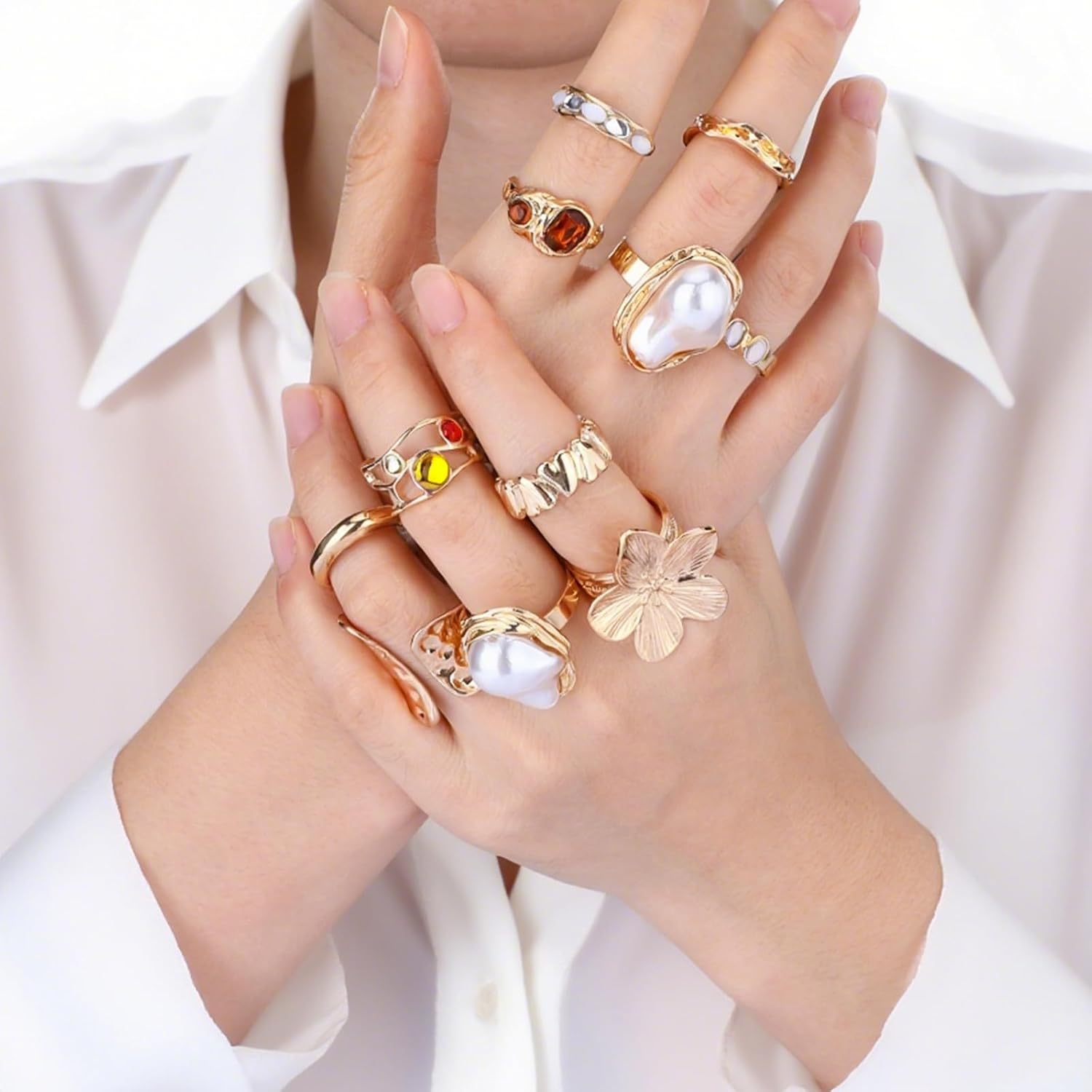 11 Pcs Chunky Gold Rings for Women, Vintage Statement Chunky Rings for Women, Thick Beach Unique Jewelry Flower Gold Ring Non Tarnish, Adjustable Fashion Stacking Aesthetic Ring Set Christmas Gifts - Image 5