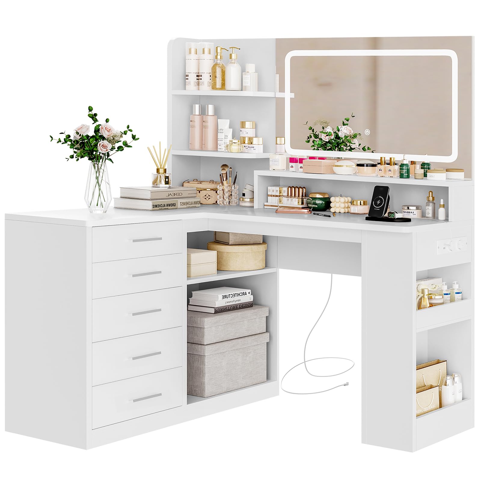 TEENFON Grande Coiffeuse, Coiffeuse avec Miroir LED et Prise, 3 Modes de Couleur, Luminosité Réglable，Blanc，,5 Tiroirs, 3 Étagères Ouvertes et Rangement Latéral