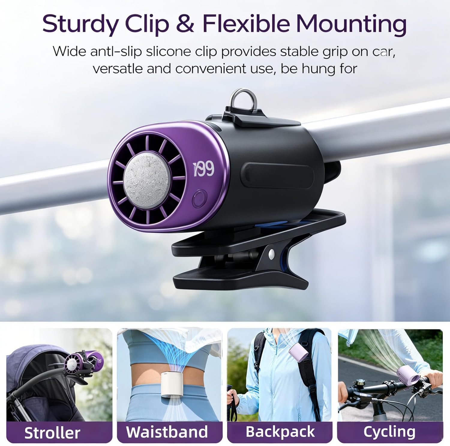 2026 Car Clip on Fan with LED Display, 360° Rotation,199 Speeds Adjustable, Portable USB Rechargeable Mini Cooling Personal Fan for Car, Office,Umbrella & Beach (Purple)