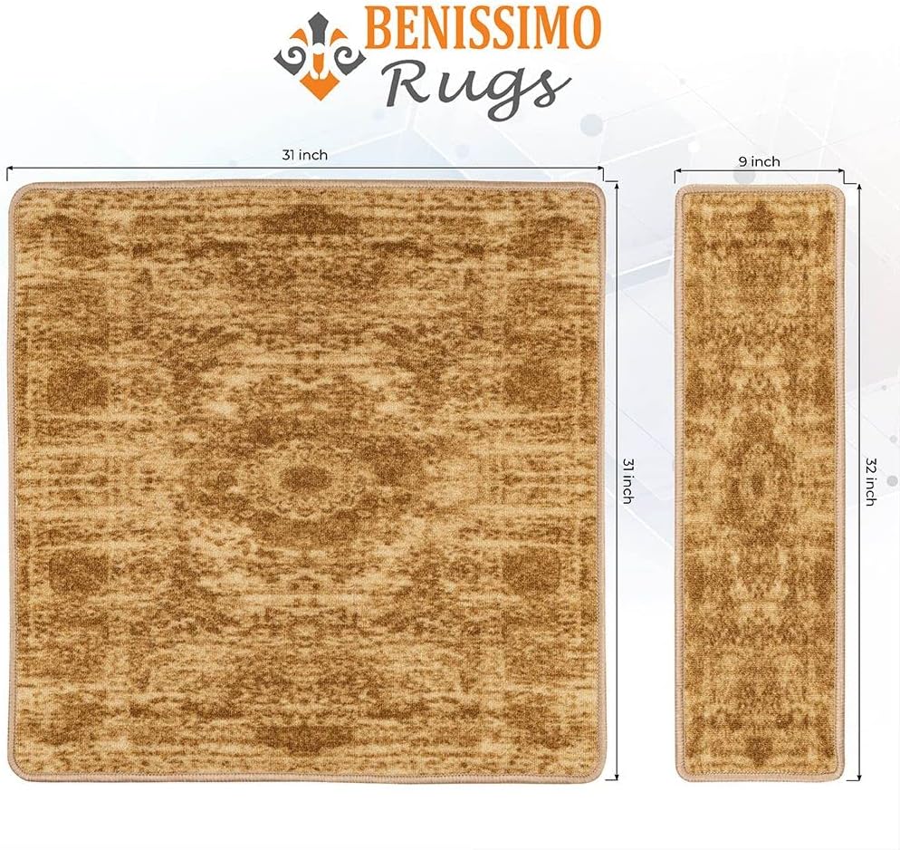 Flash Deals - 60% OFF Benissimo, 13+1 Stair Treads Carpet, Landing Slip Resistant Stair Rugs, Modern Printed Design, Soft Runner for Indoor Wooden Step, Set of 13 (9x32) + 1 (31x31), Harvest Festival