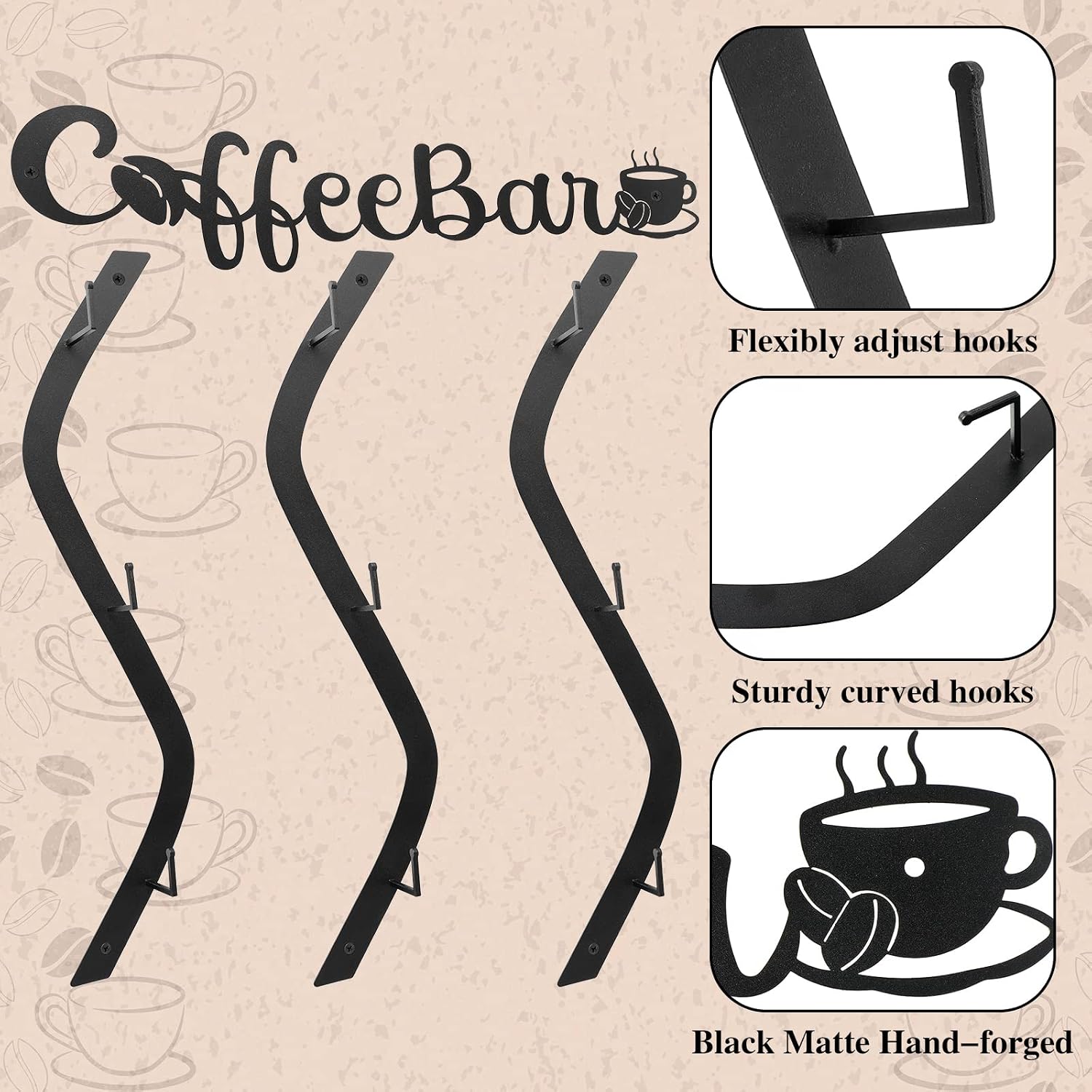 Peryiter Wall Mounted Coffee Mug Holder Coffee Cup Wall Rack with 9 Hooks
