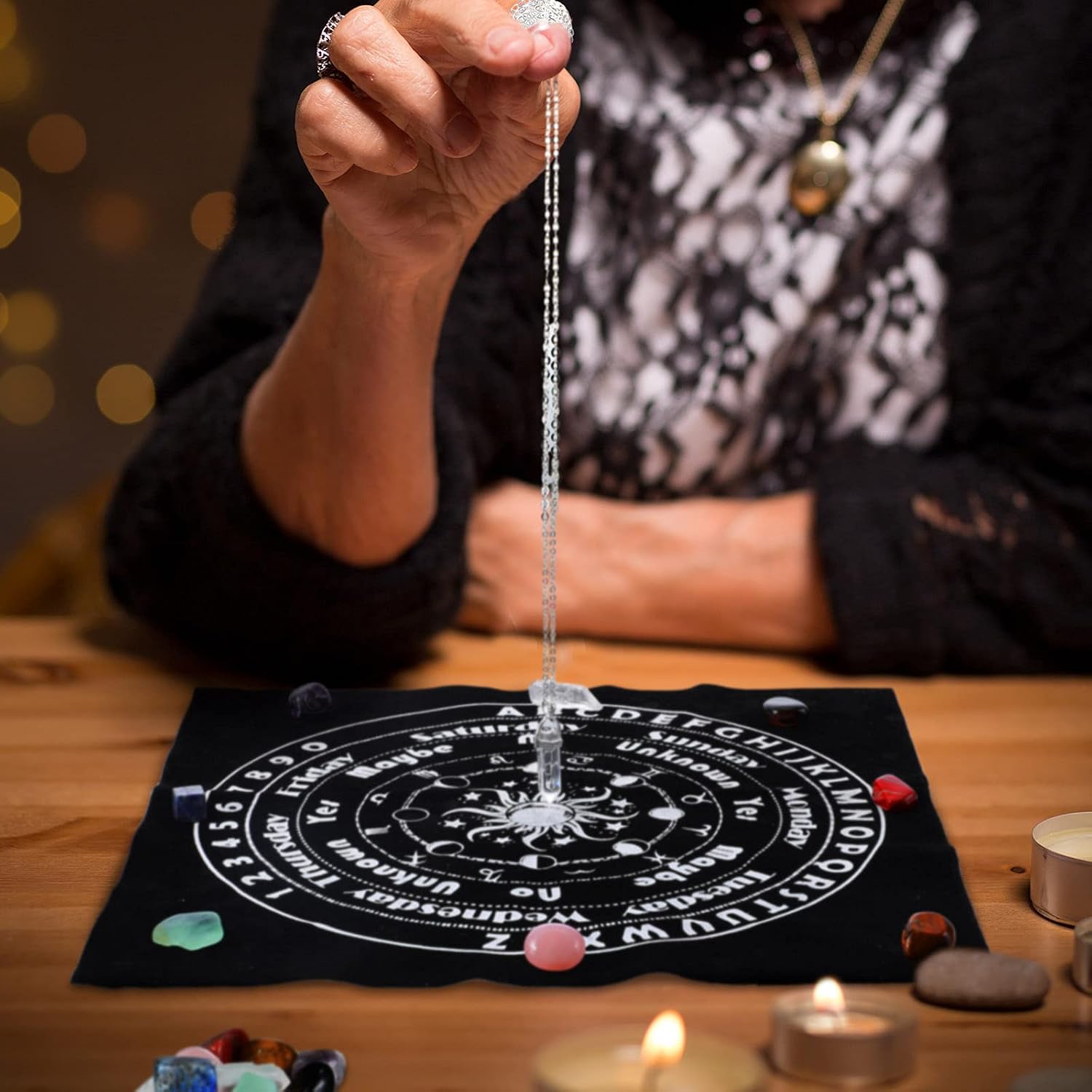 Star Pendulum Chart Cloth with 1 Crystal Necklace and 8 Pieces Healing Stones for Witchcraft Supplies Dowsing Divination Mat Altar Metaphysical Message Board Dowsing Pendulum Necklace Chakra