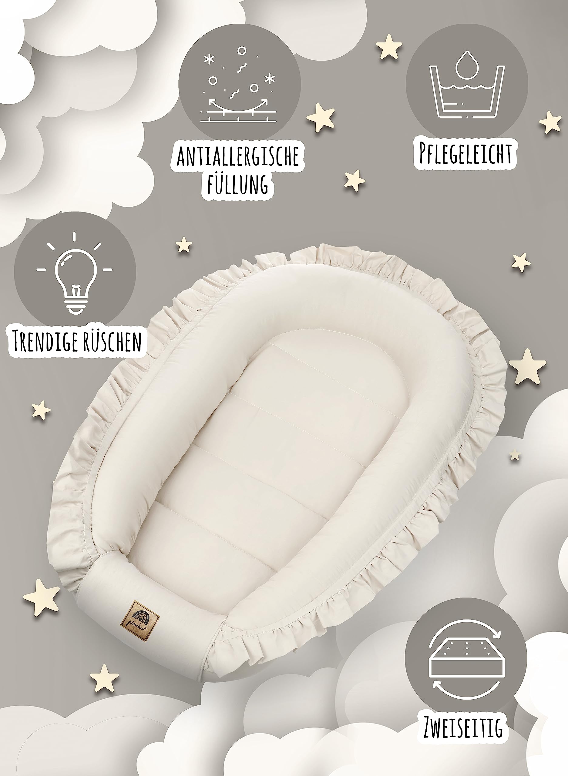 PIMKO Babynest mit rüschen Babynestchen für Baby Kuschelnest Babykokon für Säuglinge und Neugeborene 100% Baumwolle Nestchen geeignet für Zuhause 55 x 90 cm (Beige mit Klappe)