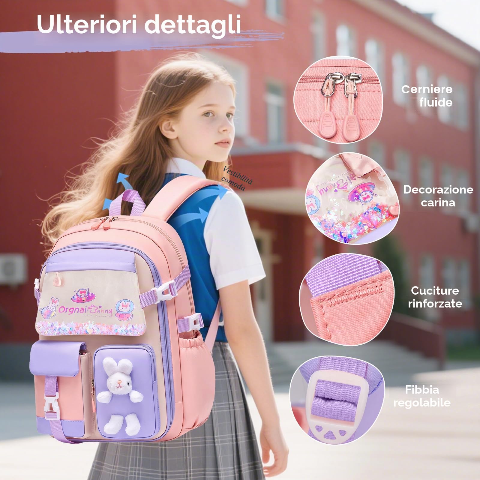 Tanou Zaino Bambina Scuola Elementare 3 Pezzi, 7-12 anni