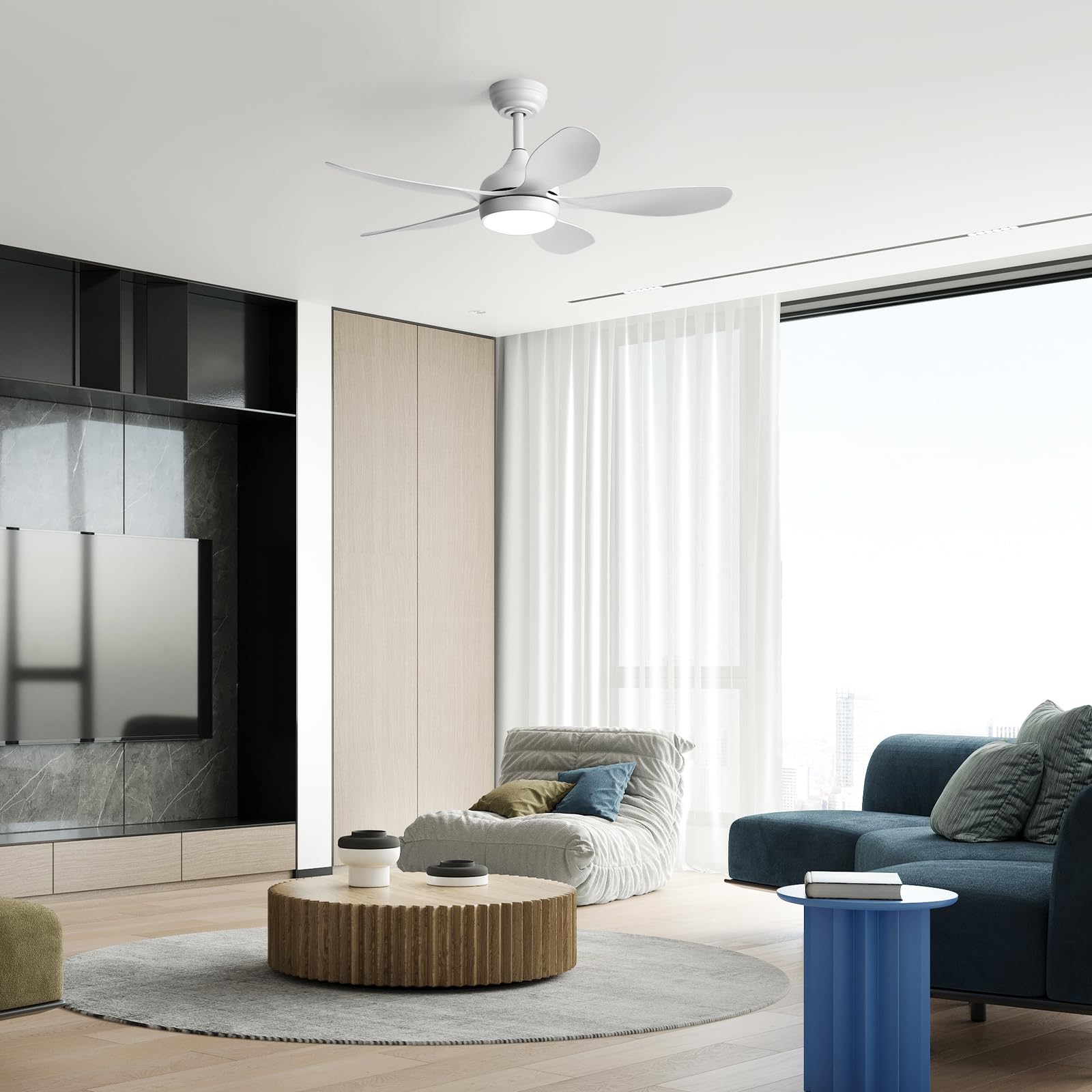 Sofucor Deckenventilator mit Beleuchtung und Fernbedienung, 5 Flügel, DC, Timer, 3 Farbtemperatur, 6 Geschwindigkeiten, Sommer Winterbetrieb, Leise Weiß Deckenventilator mit Licht