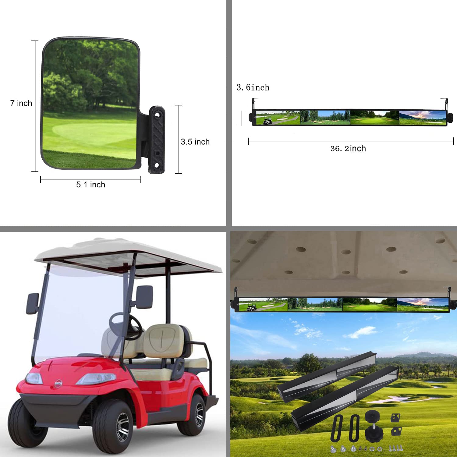 Golf Cart Mirror, HKOO Universal Folding Side Mirror and 4 Panel Rear View Mirror fits Golf Carts EZGO, Club CAR