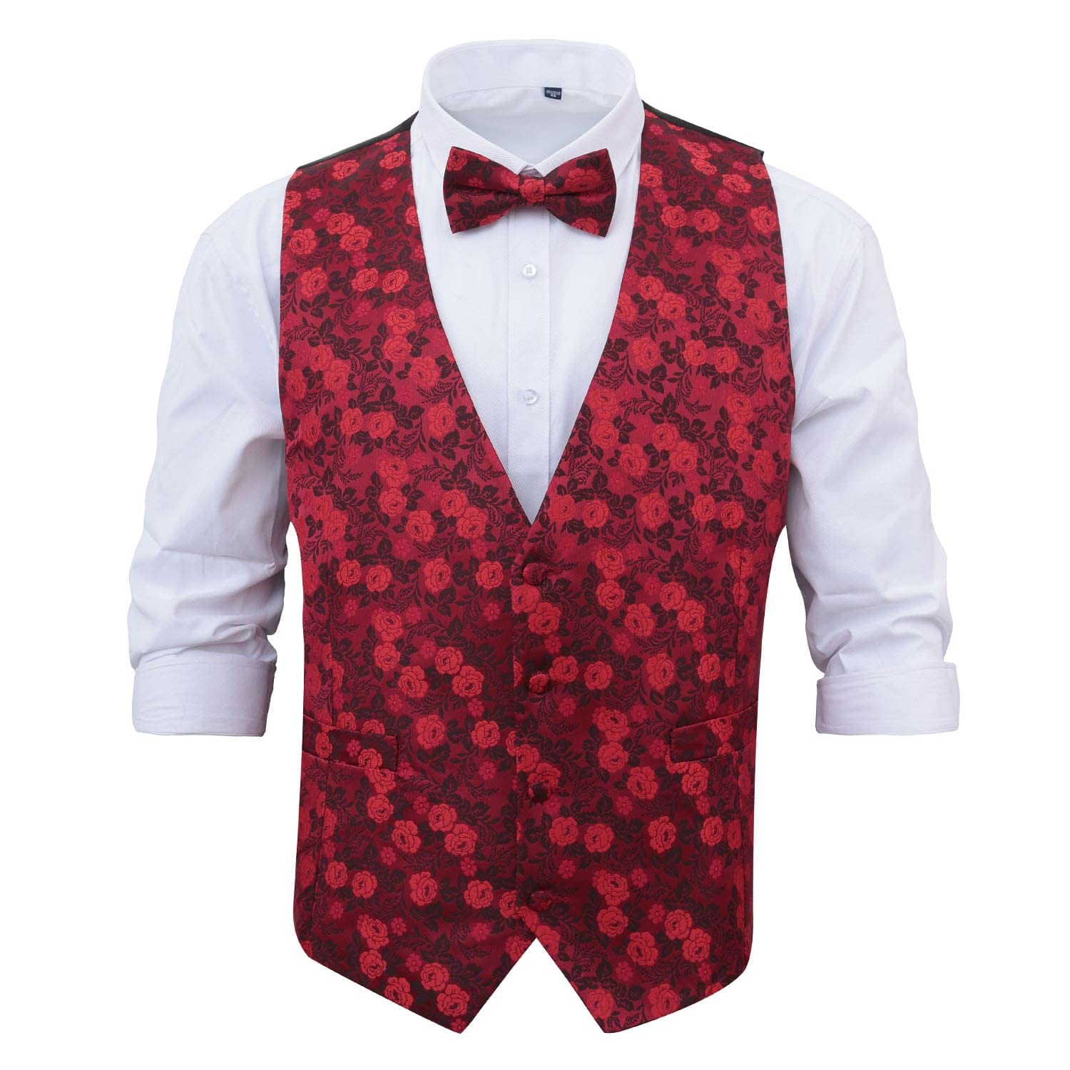 Dqt Men's Red Floral Rose Waistcoat & Pre-Tied Bow Tie Set (2Pc) - Wedding, Business & Formal - 46" (3Xl)