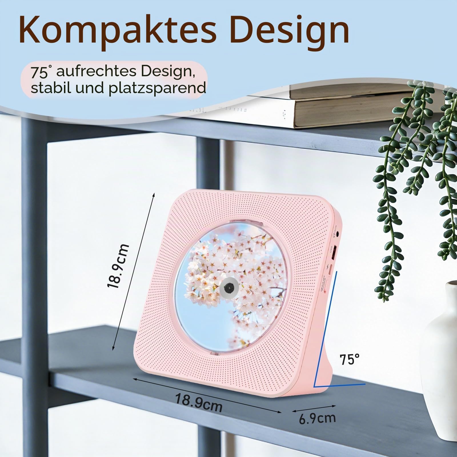 CD Player Bluetooth mit HiFi-Lautsprecher, CDs-Players mit Fernbedienung, LED-Bildschirm, FM-Radio, AUX/USB, Staubschutzhülle, Rosa CD Player