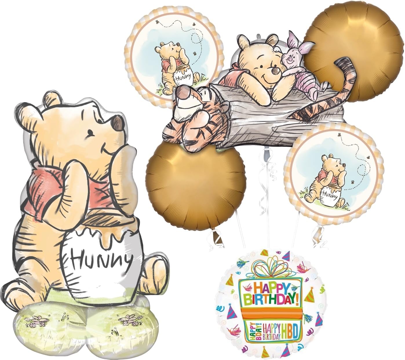Anagram Classic Pooh Birthday Party Supplies 7pc Balloon Bouquet Decorations with Airloonz