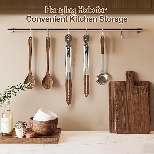 Miniatura 6 de Pinzas de cocina de madera, 2 pinzas para alimentos con punta de madera, pinzas de cocina de madera de nogal de 9 pulgadas y 12 pulgadas para