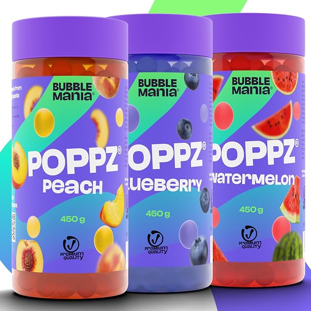 Popping Boba Perły Owocowe do Bubble Tea - Arbuz, Brzoskwinia, Jagoda, opakowanie 3 owocowych rodzajów perełek tapioki firmy Bubble Mania