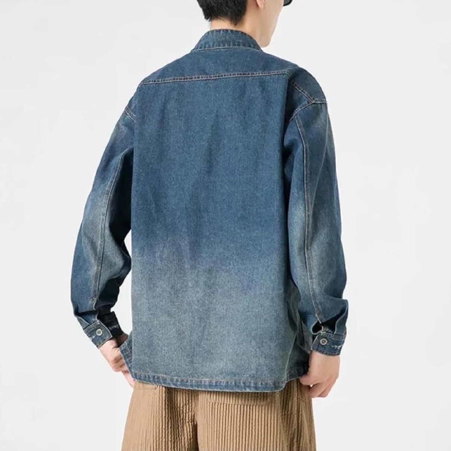 Men's Spring Retro Washed Denim Jacket - Long Sleeve Stand Collar Vintage Shirts Fashion Coat