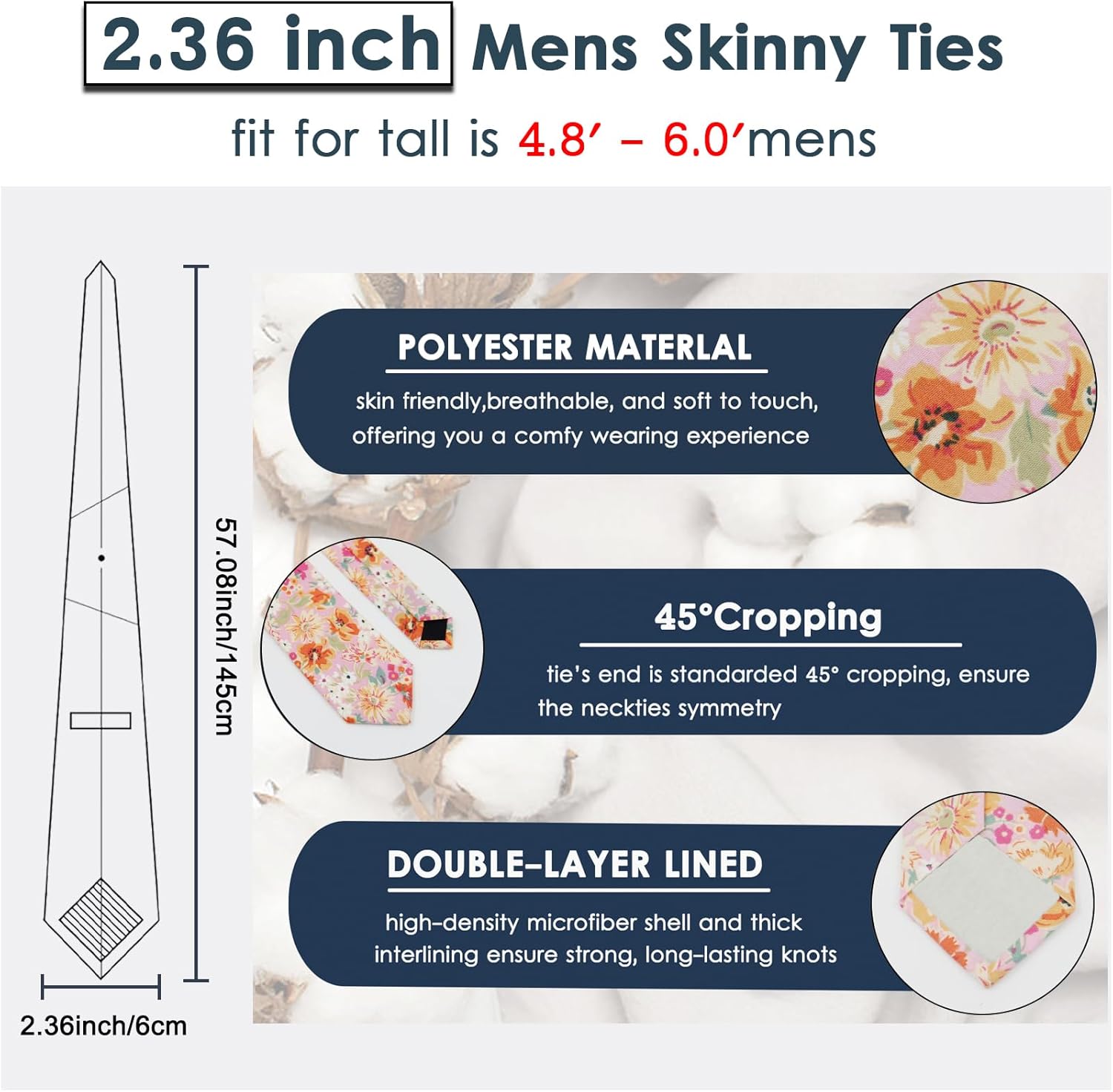 Mantieqingway Men's Cotton Printed Floral Neck Tie Skinny Tie - Image 3