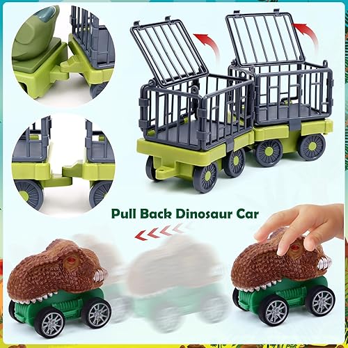 Miniatura 4 de Juego de tren de dinosaurios para niños, juguete de tren de dinosaurio con locomotora eléctrica y pista, 3 autos de tracción, huevos de dinosaurio,