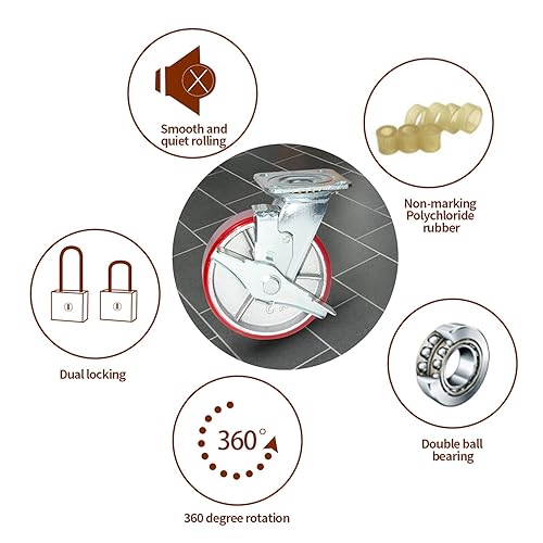 Miniatura 3 de Nisorpa Juego de 4 ruedas resistentes de 8 pulgadas de acero poliuretano rojo para muebles de remolque industrial, 2 con frenos y 2 sin frenos