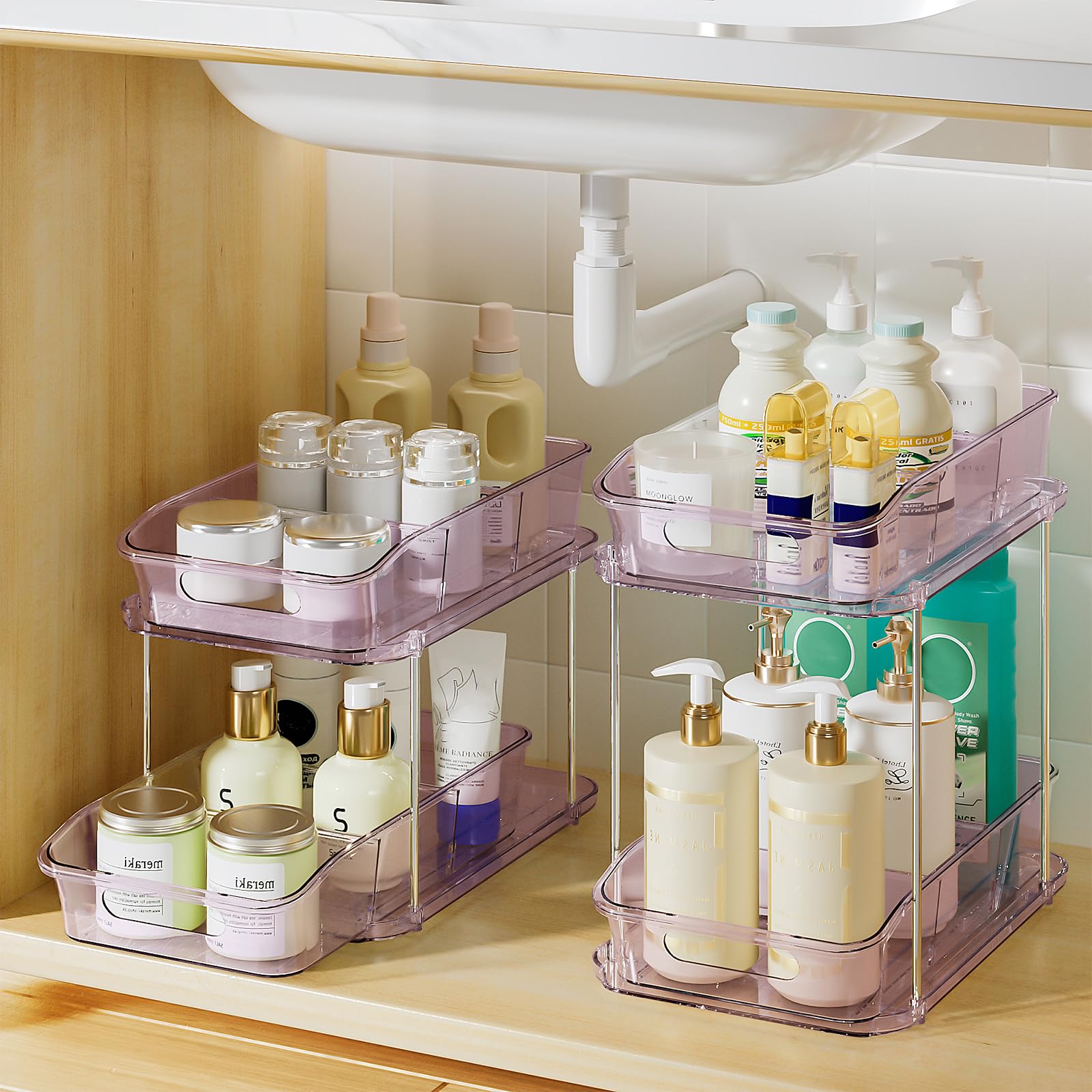 Delamu 2-Tier Under Sink Organizers and Storage, Multi-Purpose Stackable Bathroom Cabinet organizers, Pull Out Kitchen Pantry Organization and Storage with Dividers(2 Pack, Purple)