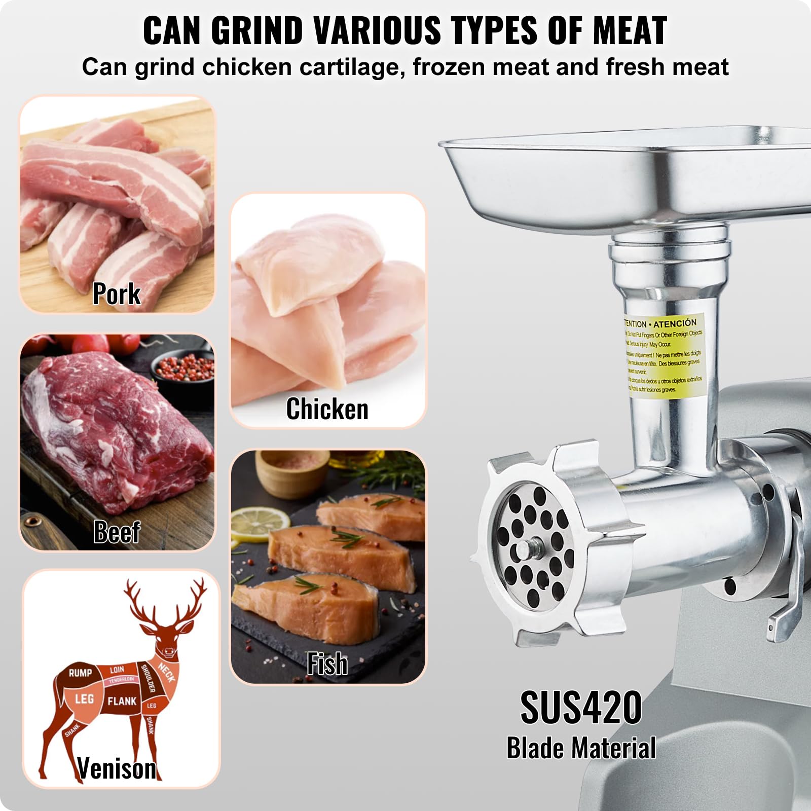 VEVOR Picadora de Carne 575 W Máximo 800 W Picadora Eléctrica Multifunción 2,27 kg/min con Cuchilla Placa de Molienda Picadora de Carne Comercial para Picar Rápidamente Carne Pollo Cebolla Ajo