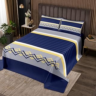 Geometric Abstract Stripes Kids Bedspread Queen Size,Geometry Lines Patchwork Coverlet Set,Girls Boys Adults Room Decor,Grey Blue Yellow Modern Quilted Coverlet,Noble Bedding Quilt,2 Pillowcases