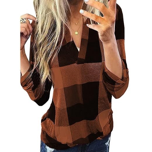 Dokotoo Womens Basic Casual V Neck Plaid Print Cuffed Long Sleeve Work Tops Blouses Shirts S-3XL
