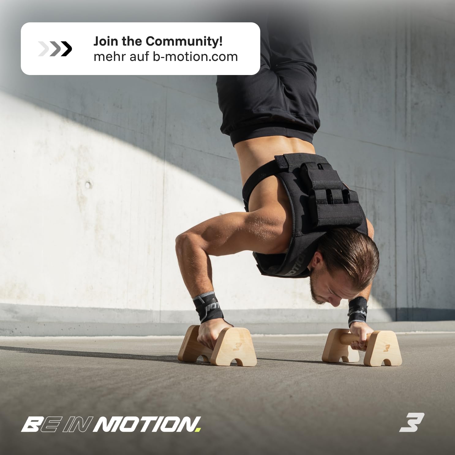 BMOTION Liegestützgriffe Holz, Parallettes Calisthenics aus Buchenholz, rutschfeste Push Up Bars und Handstand Griffe, gelenkschonend bis 300 kg, inkl. Transportband, Indoor und Outdoor