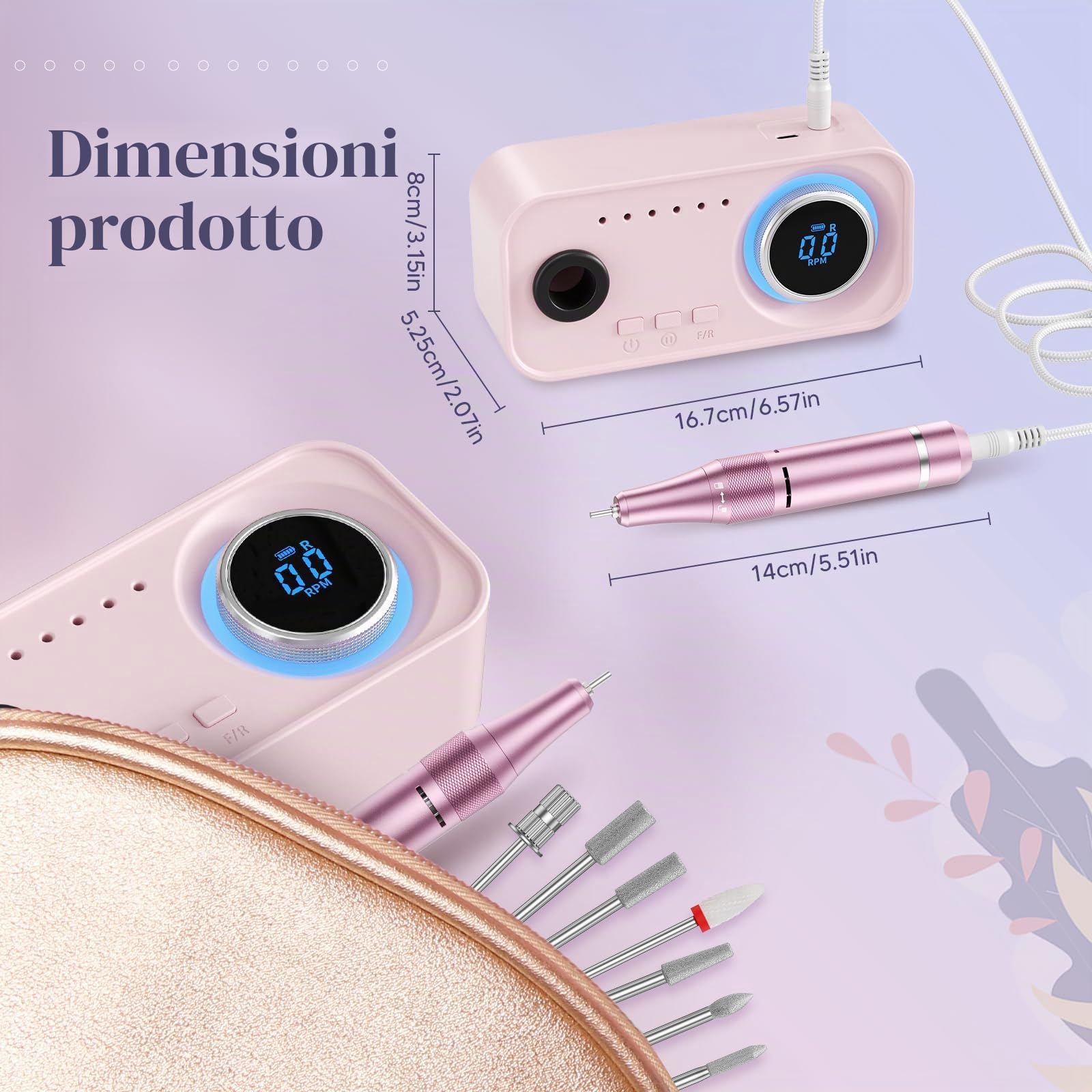 Fresa per Unghie Professionale 36000 RPM, 4000 mAh, Portatile Lima Elettrica per Unghie Con 12 Testine Di Levigatura, Display LCD Ricaricabile Batteria Design, Rotazione Bidirezionale (Rosa)