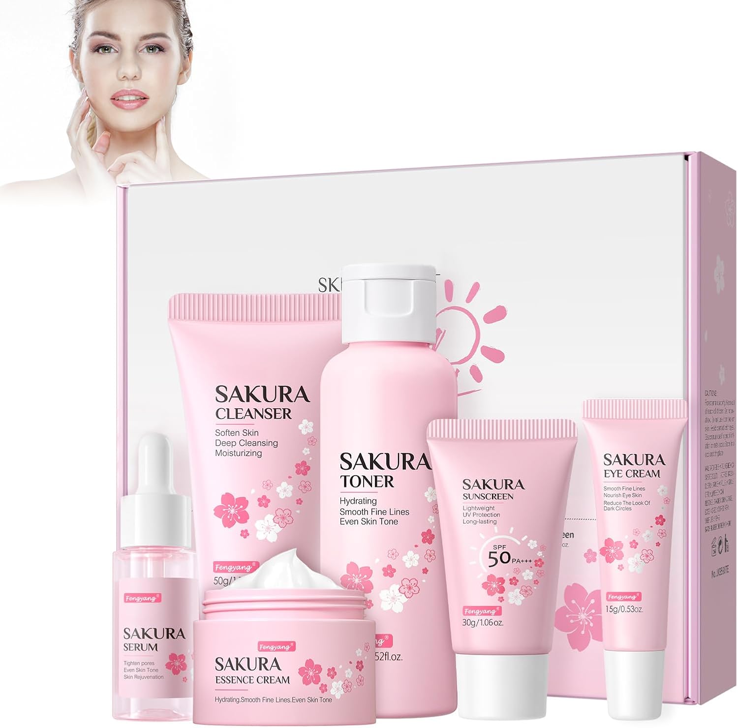 Fengyang® 6Pcs Set de Soins, Sakura Ensemble De Soins De La Peau, Soins Du Visage À Texture Rafraîchissante, Equipment de Soins de La Peau Hydratants, Ensemble De Soins De La Peau Sakura (6-set)