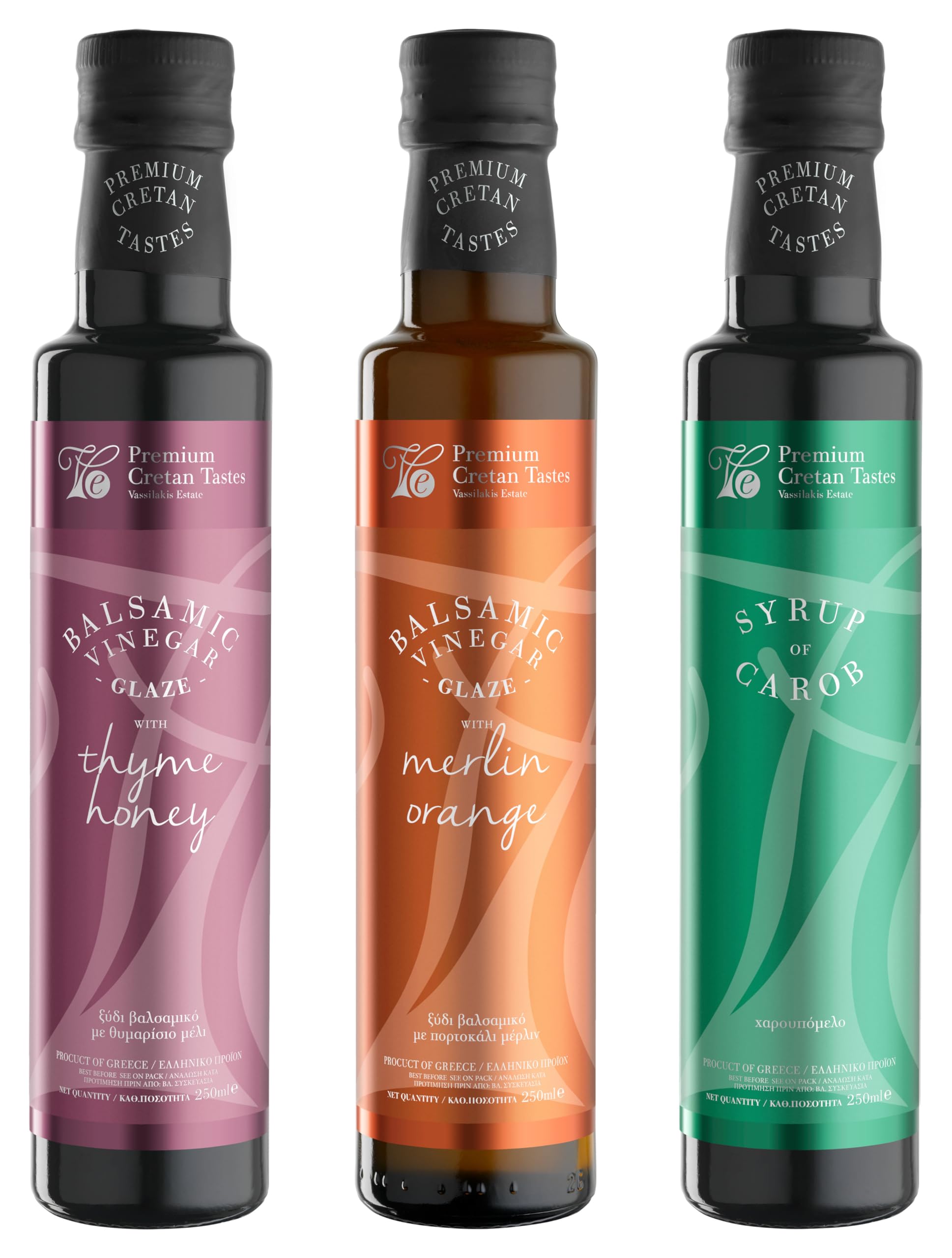 Vassilakis Estate Gourmet Gift Set – Balsamic Vinegar with Thyme Honey, Merlin Orange & Carob Syrup – Pack of 3 x 250ml (Total 750ml) – Luxury Flavoured Condiments from Greece