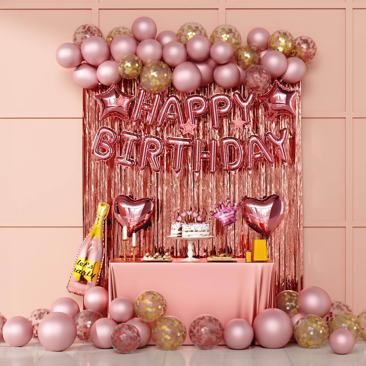 Rose Gold, Pink Happy Birthday balloons Party Decoration Supplies, Birthday banner, Confetti Balloons, Latex balloons, Tablecloth, Cupcake Toppers,