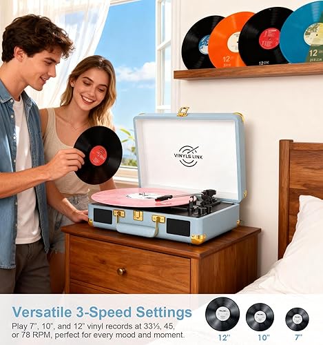 Miniatura 10 de VINYLSLINK - Tocadiscos de vinilo Bluetooth, tocadiscos portátil de 3 velocidades con control de agudos y graves, altavoces estéreo integrados,