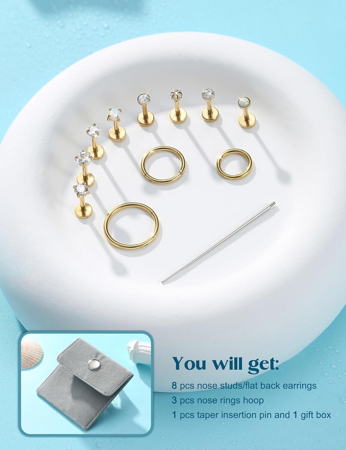 14K Gold Filled Nose Rings Studs for Women Men - 18G 16G Hypoallergenic Surgical Steel Nose Rings Hoops Opal CZ Internal Thread Flat Back Studs for Women Lip Nostril piercing jewelry