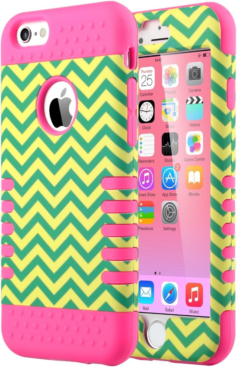 ULAK iPhone 6 Case, iPhone 6s Case, 3in1 Shock Resistant Case with Hybrid Soft Silicone + Hard PC Cover for Apple iPhone 6 & 6S 4.7 inch (Green Wave/Neo Pink)