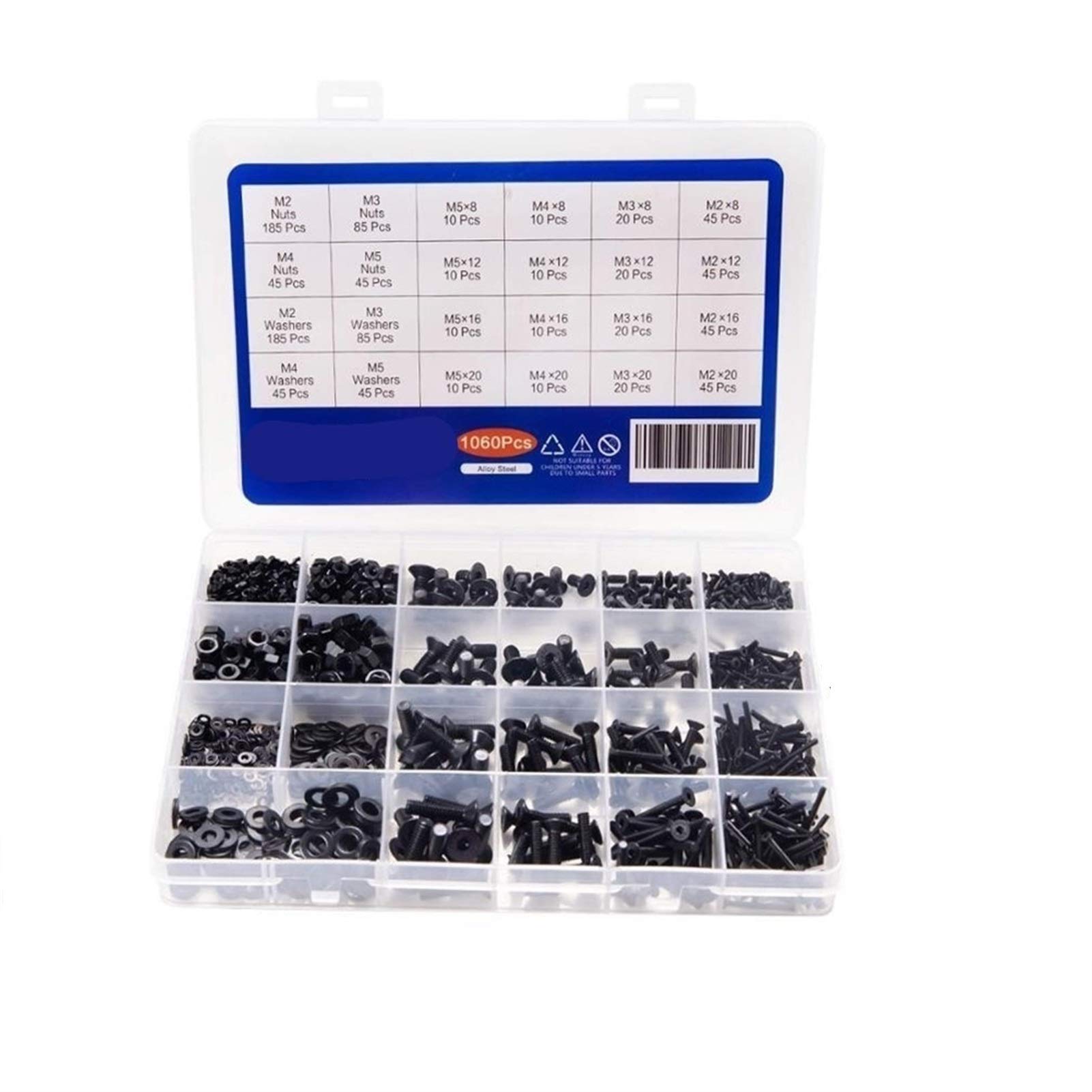 DOLUNTO Tornillos de Cabeza 1060pcs M2 M3 M4 M5 Hueca Hexagonal Juego de Tornillos de Acero al Carbono Redondo Plano Pernos y Tuercas Surtido del Kit con Caja de Almacenamiento (Color : Flat)