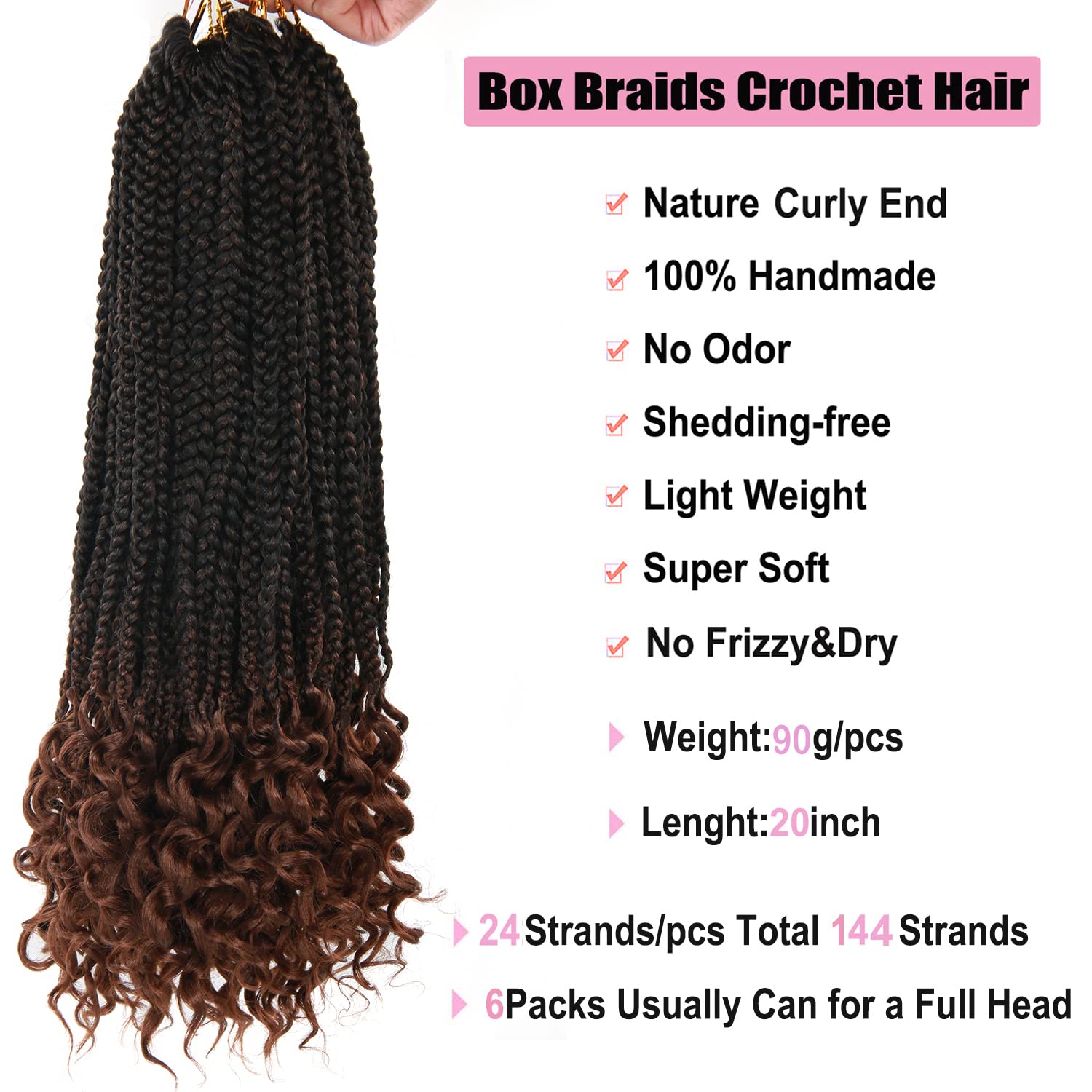 20 Inch 144 Roots/pack Crochet Braids Box Braids Crochet Hair For Women Black Crochet Braid Hair With Curly Ends Box Braids Crochet Hair Braiding Hair Extensions (20inch, 1B/30#)