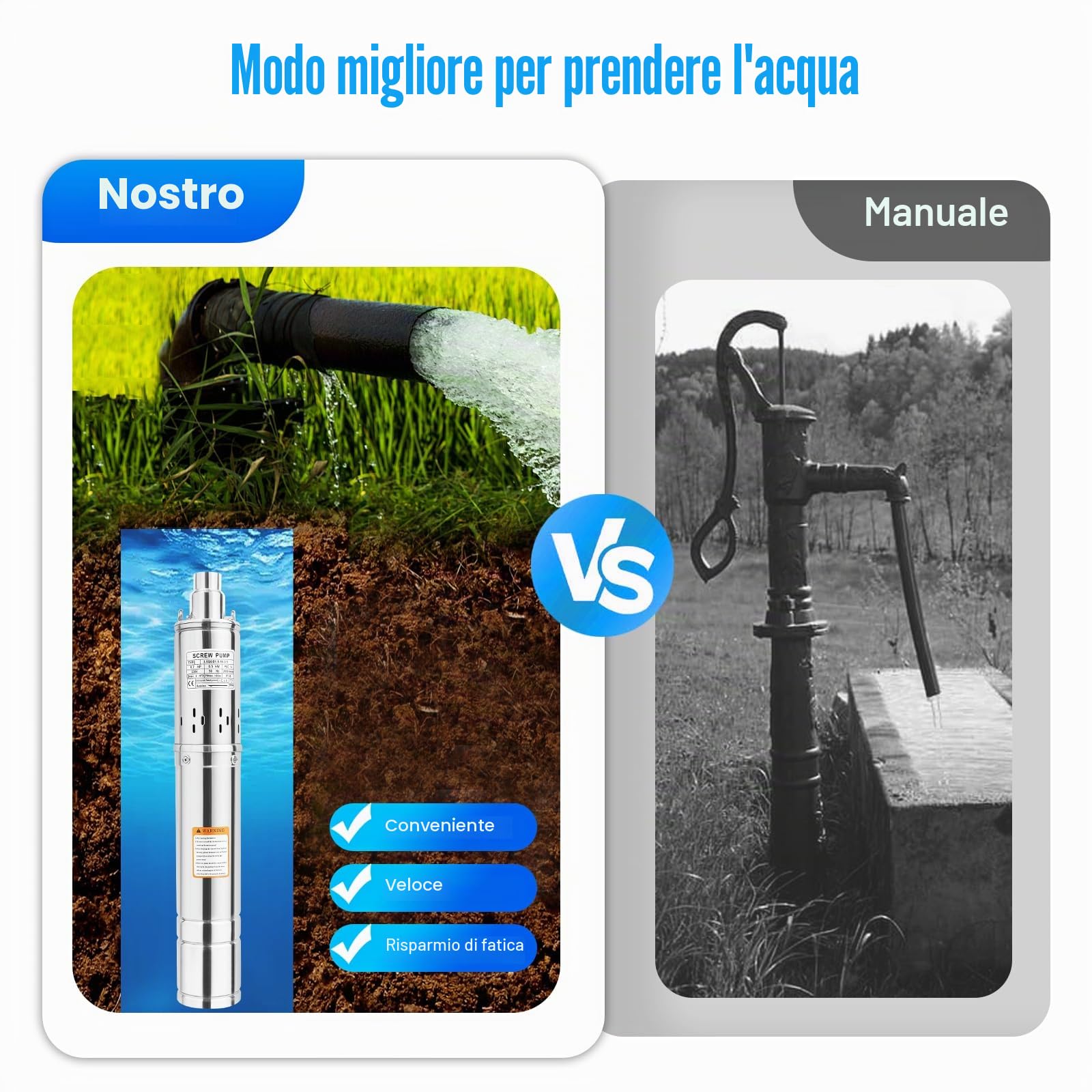 Pompa per acque profonde, 58 cm, in acciaio inox, 0,5 KW, per pozzi profondi, pompa sommergibile, pompa per pozzi profondi, pompa sommergibile