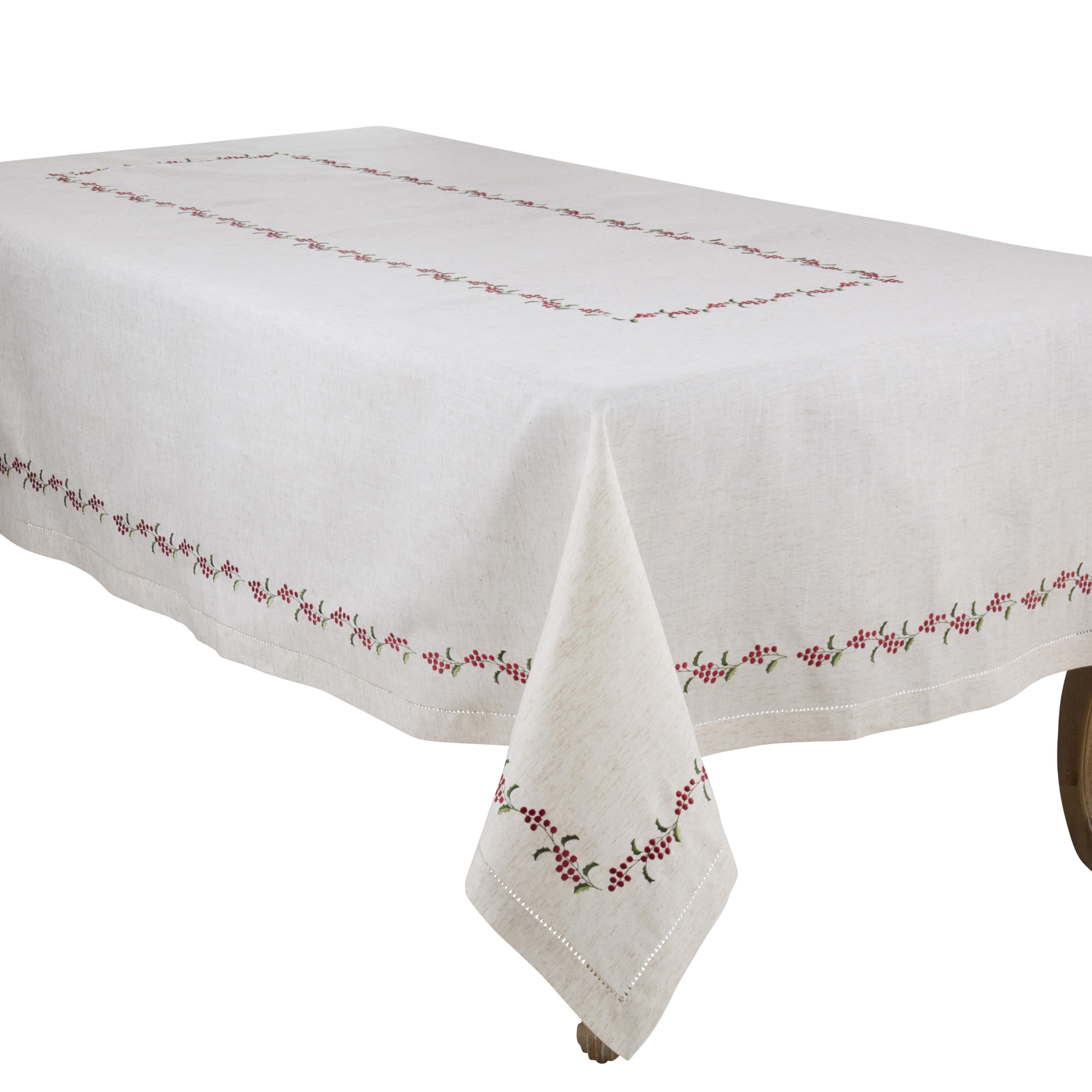 SARO LIFESTYLE Holiday Berry Embroidered Tablecloth - Festive Everyday Tablecloth with Holly Berry Border Embroidery for Christmas Dining Tables and Holiday Entertaining, 72"x140", Natural