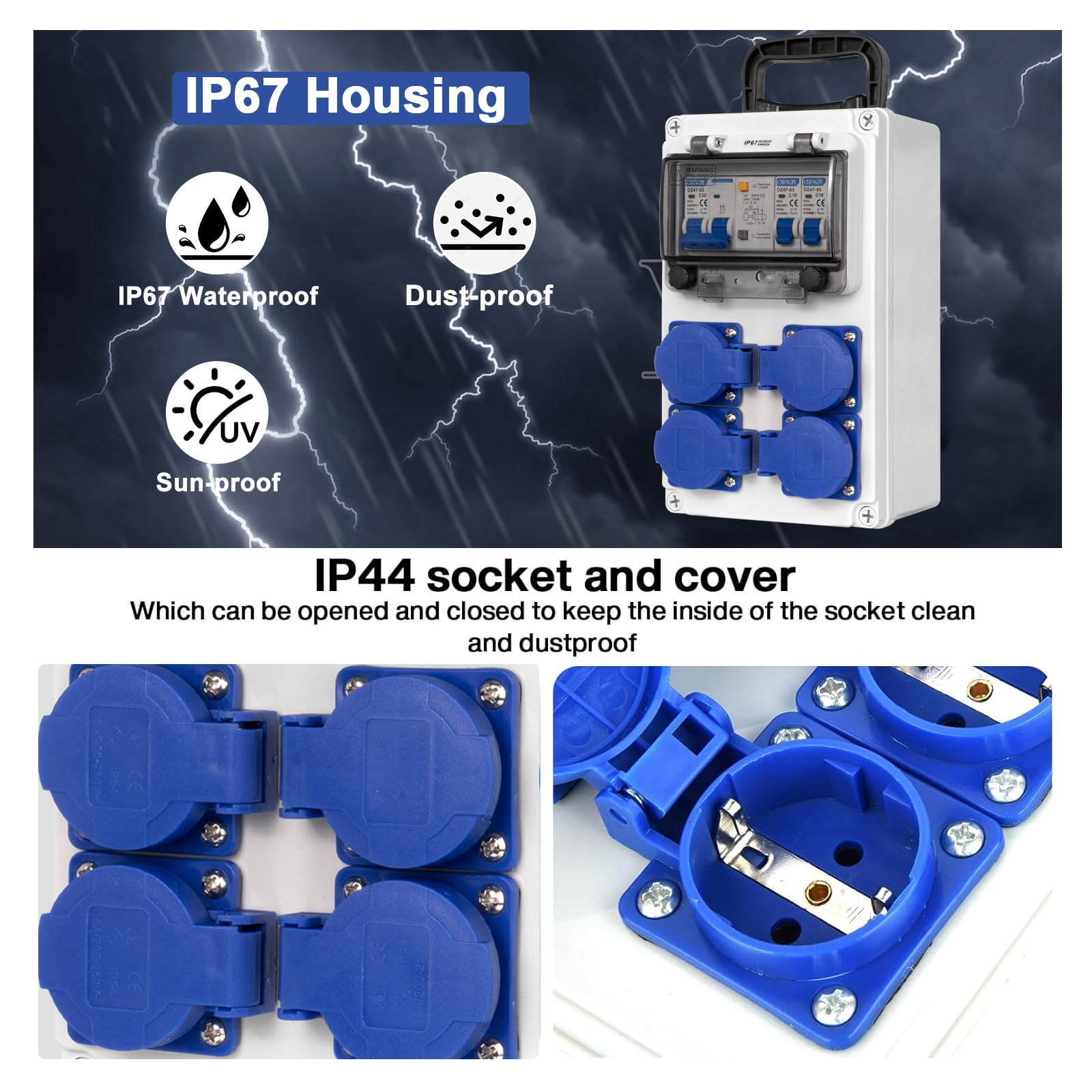 Distributore di Corrente per Cantieri con Interruttore FI 2P+N 32A, Distributore a Parete con 4 Spine di Messa a Terra 250V/16A, Distributore a Superficie per Edilizia, Industria, Uso Esterno