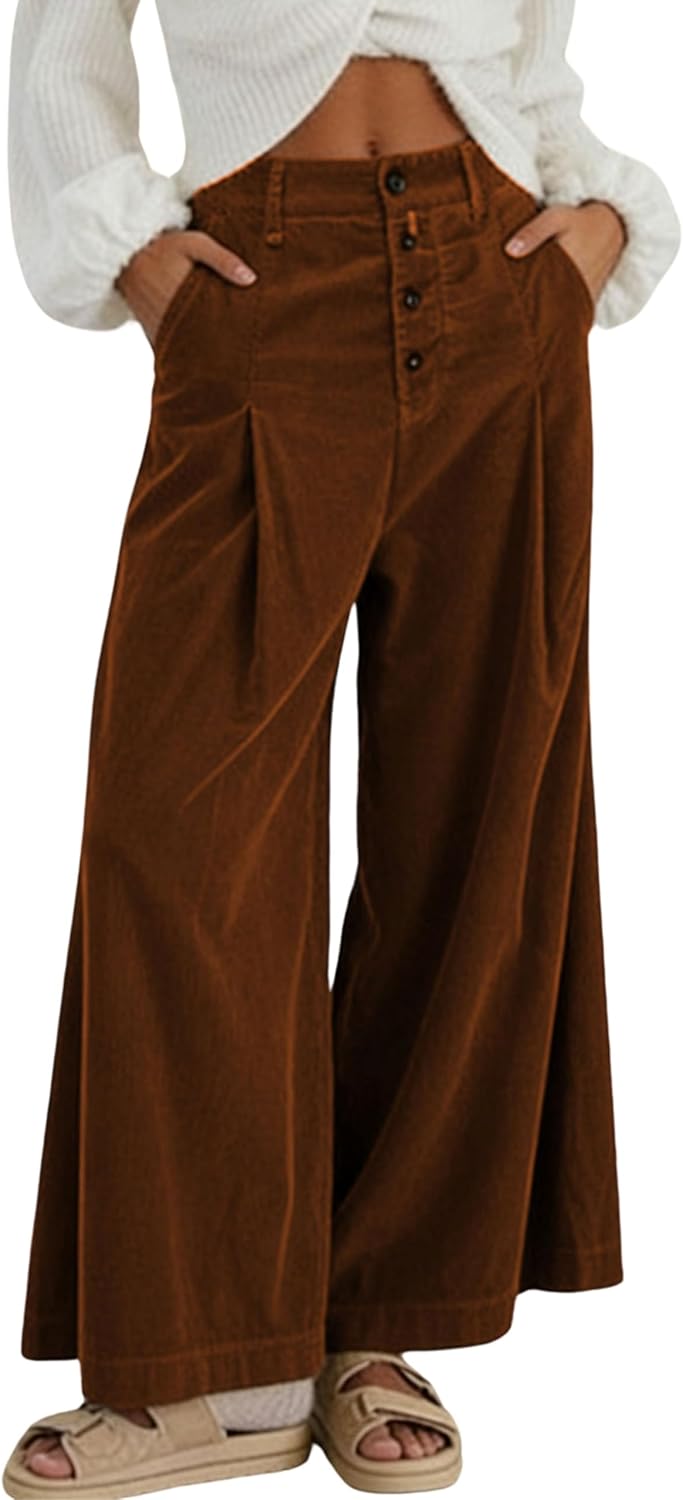Hooever Womens Corduroy Pants High Waisted Button Down Wide Leg Straight Trousers Palazzo Pants