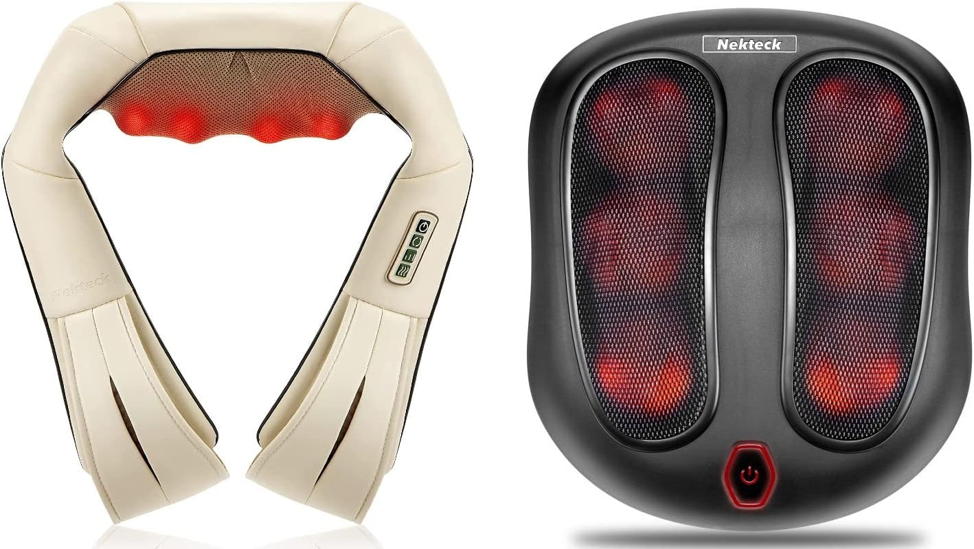 Nekteck Neck Massager and FM01 Foot Massager Machine with Heat Bundle (Beige+Black)