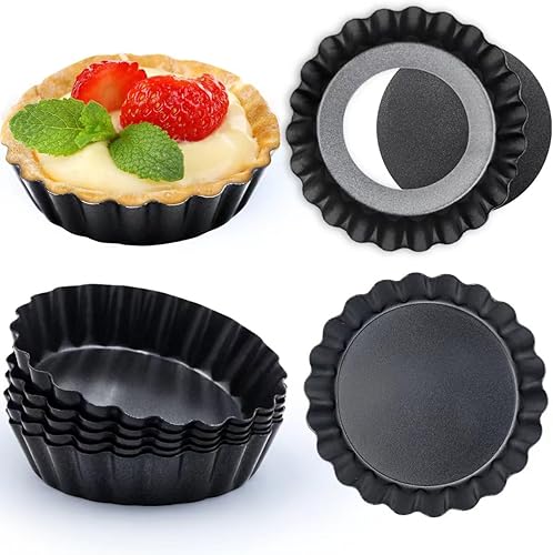 Miniatura 10 de Juego de 12 moldes para tartas de 4 pulgadas, mini sartenes para tartas con fondo suelto, antiadherentes, redondos, mini quiche, reutilizables, de