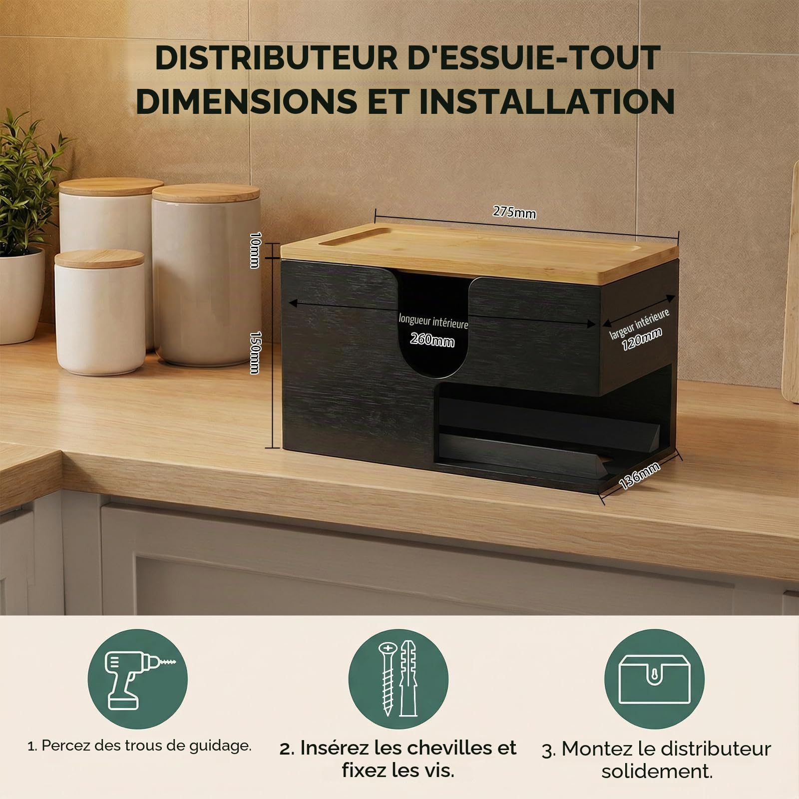 Distributeur de Serviettes en Papier en Bambou - Support Mural ou de Table - 27,5 x 16 x 13 cm avec Couvercle magnétique - pour Pliées en V/C/Z, Cuisine, Salle De Bain, Noir