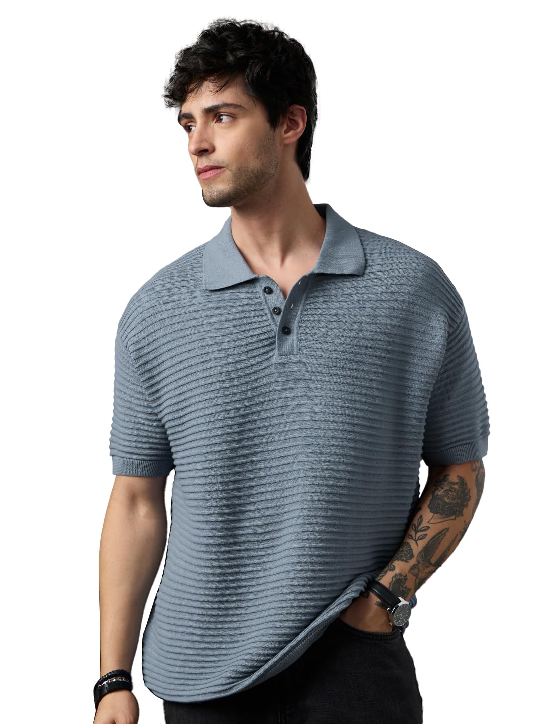 the souled store Classic Polo: Azure Men and Boys Short Sleeve Polo Neck Muted Blue Solid Ribbed Cotton Relaxed Fit Textured Fabric Breathable Summer Casual Smart Polos-picture-39