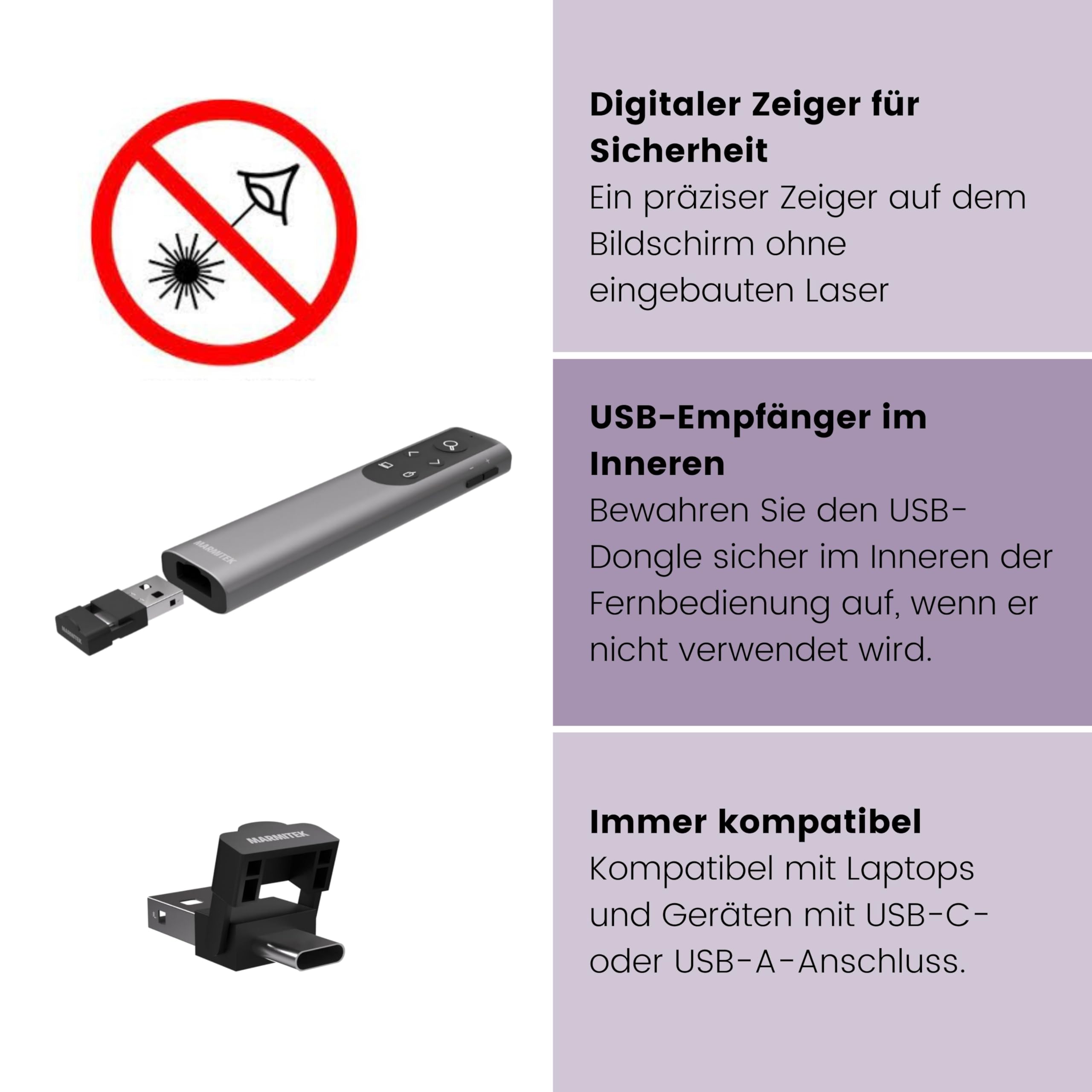 Marmitek WPR 400A - Präsentationsklicker mit digitalem Pointer Air Mouse | Wireless Presenter mit Zoom- und Markierfunktion, USB-C/USB-A Empfänger, PowerPoint Clicker, 100 m Reichweite, Windows/Mac