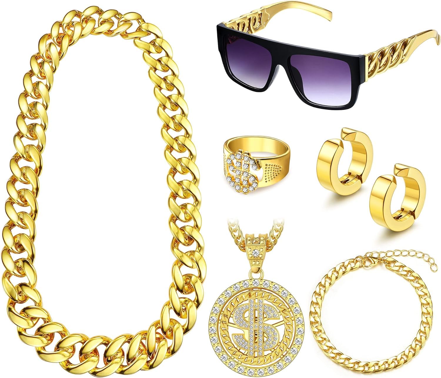 Diamday 80s 90s Hip Hop Disfraces Kit para Mujer Hombre Falsa Oro Cadena Pulsera Rapero Dollar Sign Collar Dedo Anillo DJ Punk Hippie Sol Gafas Pendientes de Clip Discoteca Carnaval Cosplay Traje