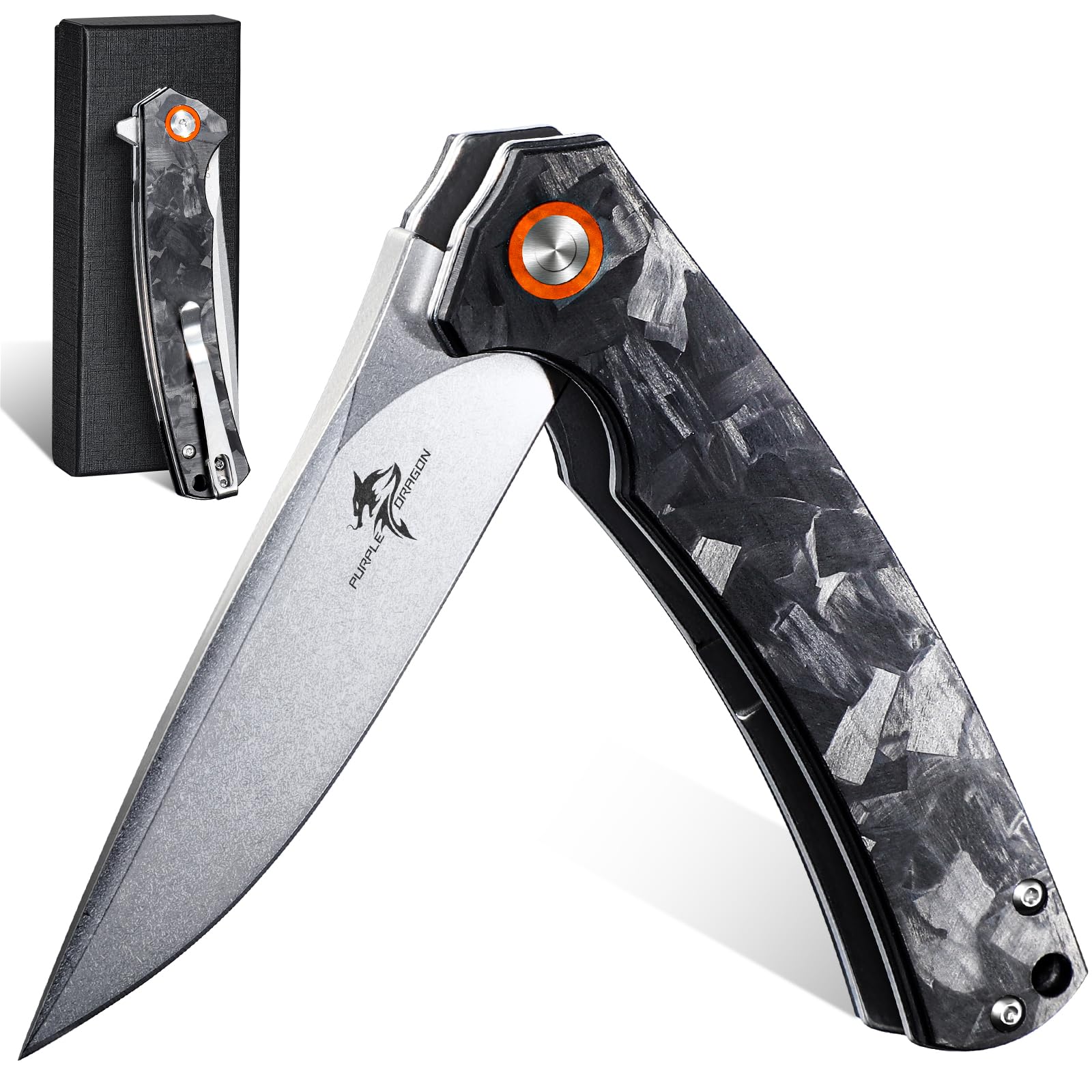 Purple Dragon Taschenmesser Klappmesser Mit D2-Stahl Klinge & Kohlefaser Griff - EDC Messer Für Outdoor, Camping, Sammlung