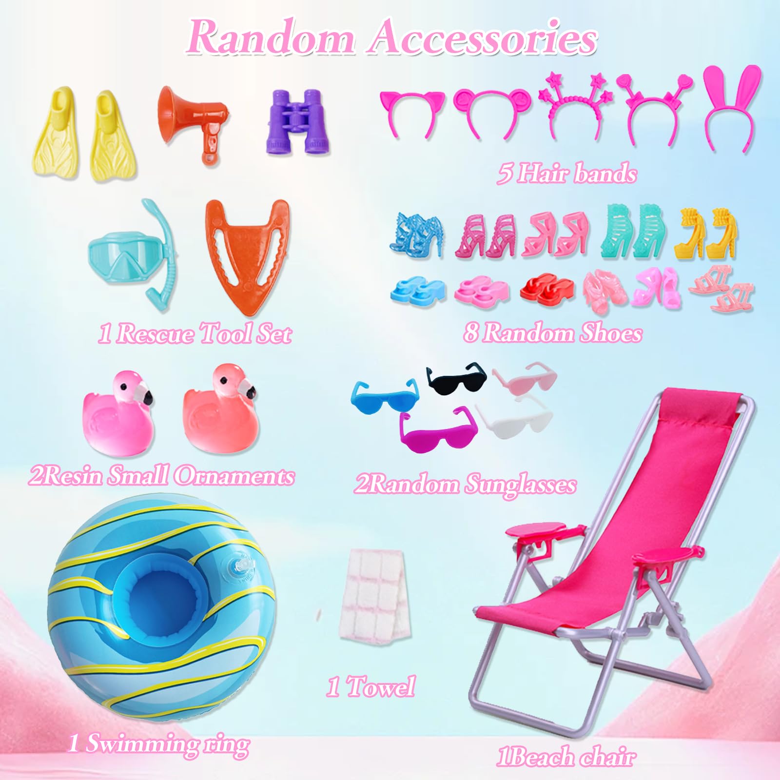 Xerteam 35 Badeanzug Kleidung Set für 11,5 Zoll Mädchen Puppen, Moden Bunte Puppensachen mit 5 Set Bikini 1 Karierter Kleider 1 Tülljacke 8 Paar Schuhe, 14 Tauchzubehör Schwimmreifen Strandstühle