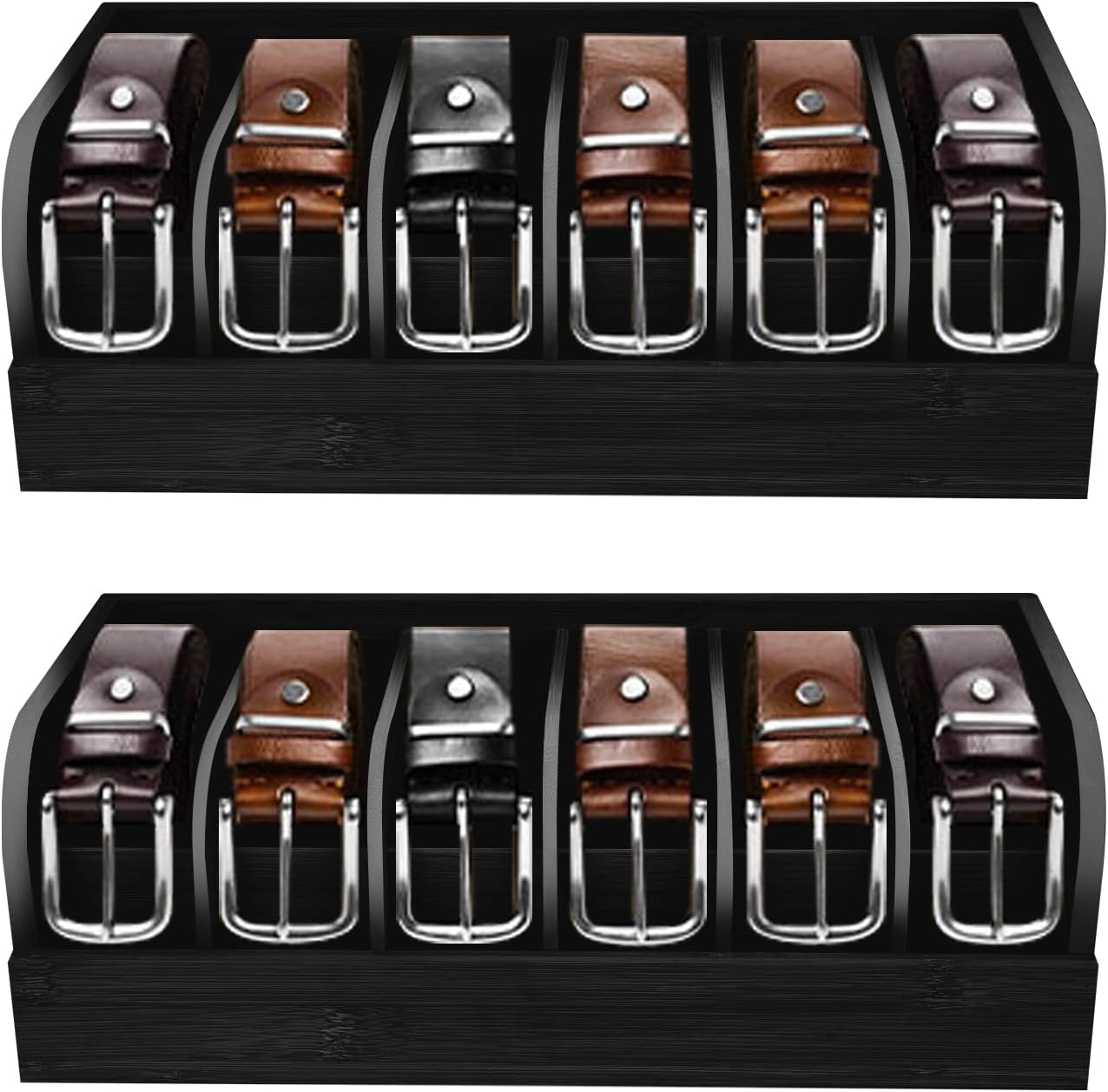 GTI Belt Organizer, 2pcs 6 Compartments Belt Organizer for Closet and Drawer, Bamboo Display Case for Tie and Belt, Belt holder Storage Organizer for Men Women (Black)