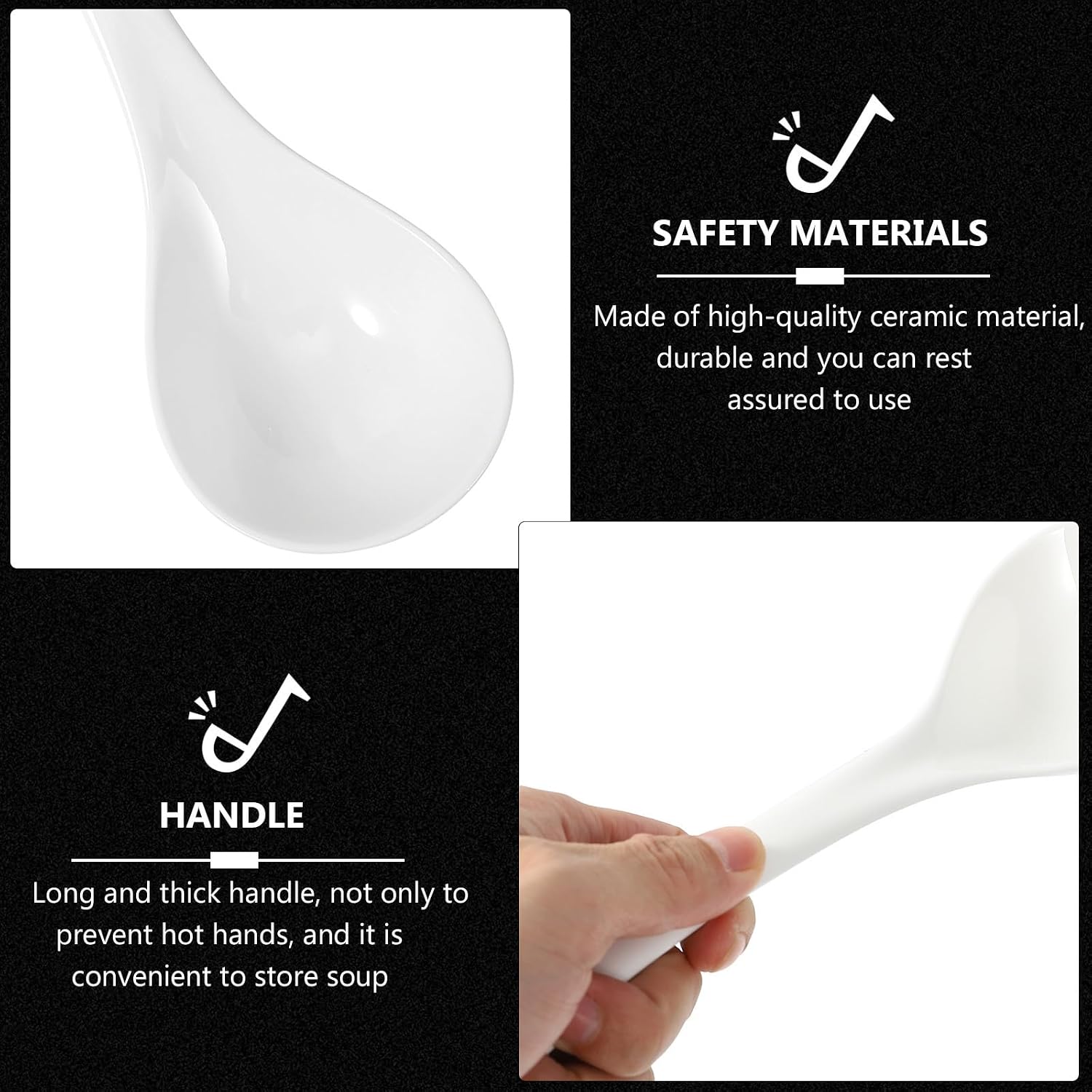 2 Pcs Ceramic Soup Spoons with Long Thick Handles White Porcelain Ladles Convenient for Serving Soup and Cooking Utensils for Home and Hotels