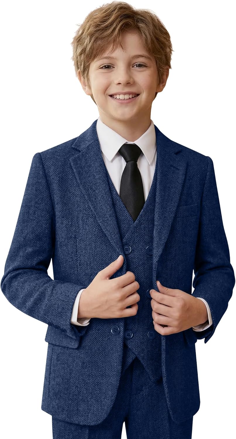 JPF Boys Suits Tweed Herringbone Kids Wedding Suit 6 Piece Toddler Teen Double Breasted Tweed Suits with Shirt and Tie